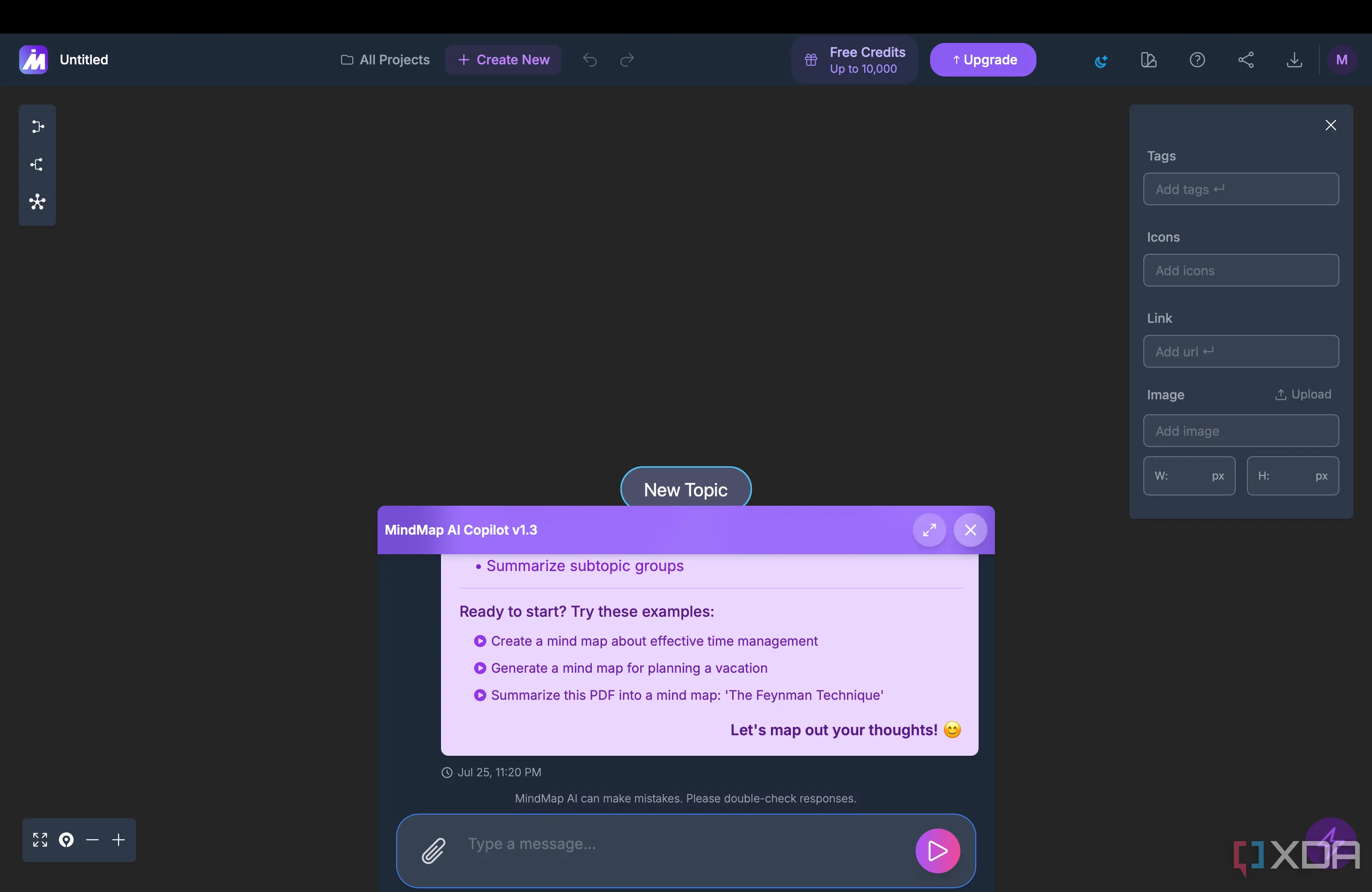 Giao diện MindMap AI với bot Copilot hiển thị, minh họa cách người dùng tương tác để tạo sơ đồ tư duy AI từ các prompt văn bản.