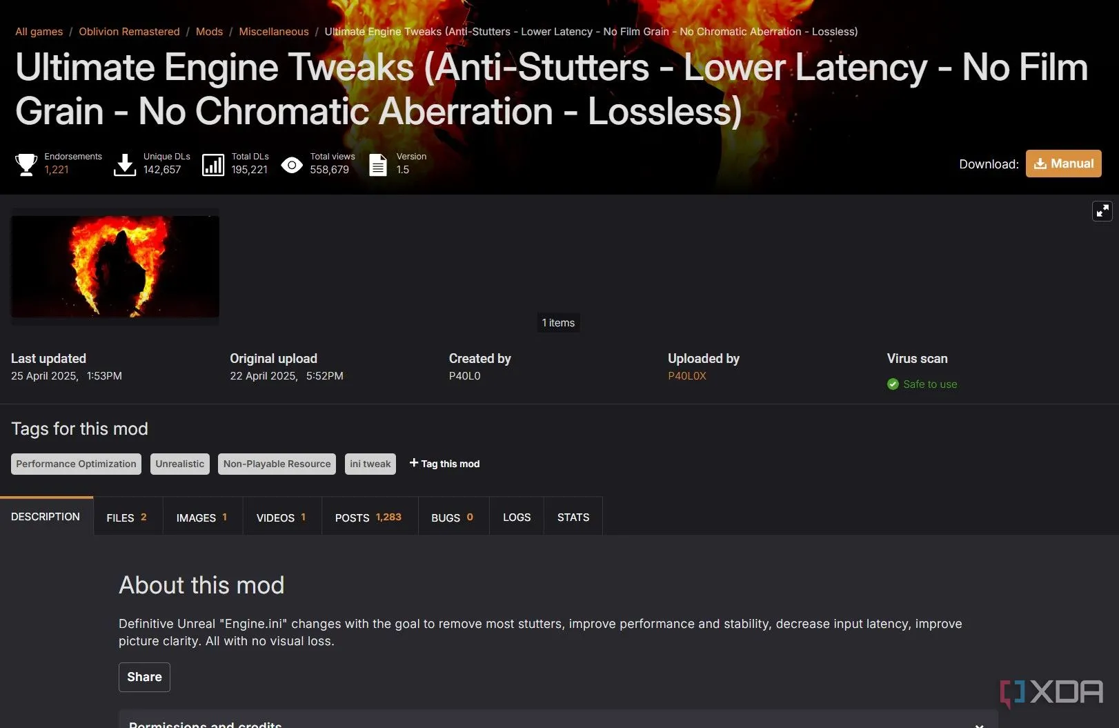 Giao diện mod &quot;Ultimate Engine Tweaks&quot; dành cho Oblivion Remastered trên Nexus Mods