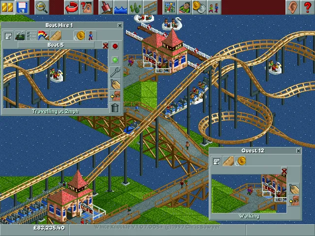 Giao diện một công viên giải trí trong RollerCoaster Tycoon, với các đường tàu lượn đầy màu sắc và không gian xanh.