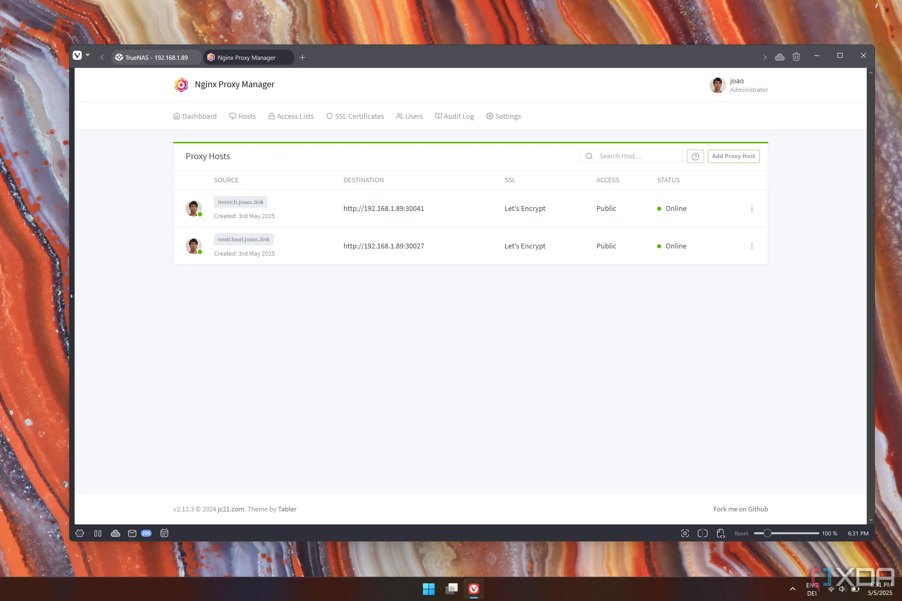 Giao diện Nginx Proxy Manager hiển thị danh sách các máy chủ proxy đã cấu hình
