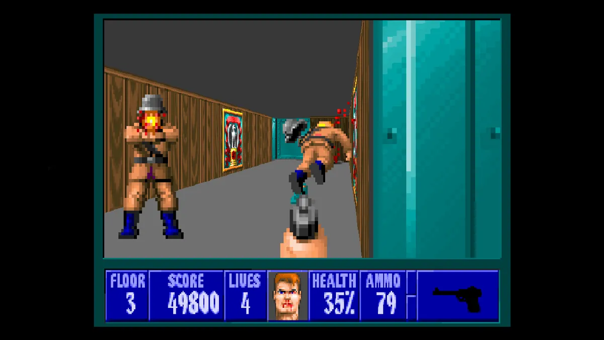 Giao diện người chơi trong Wolfenstein 3D, với thông tin về máu, đạn và bản đồ nhỏ