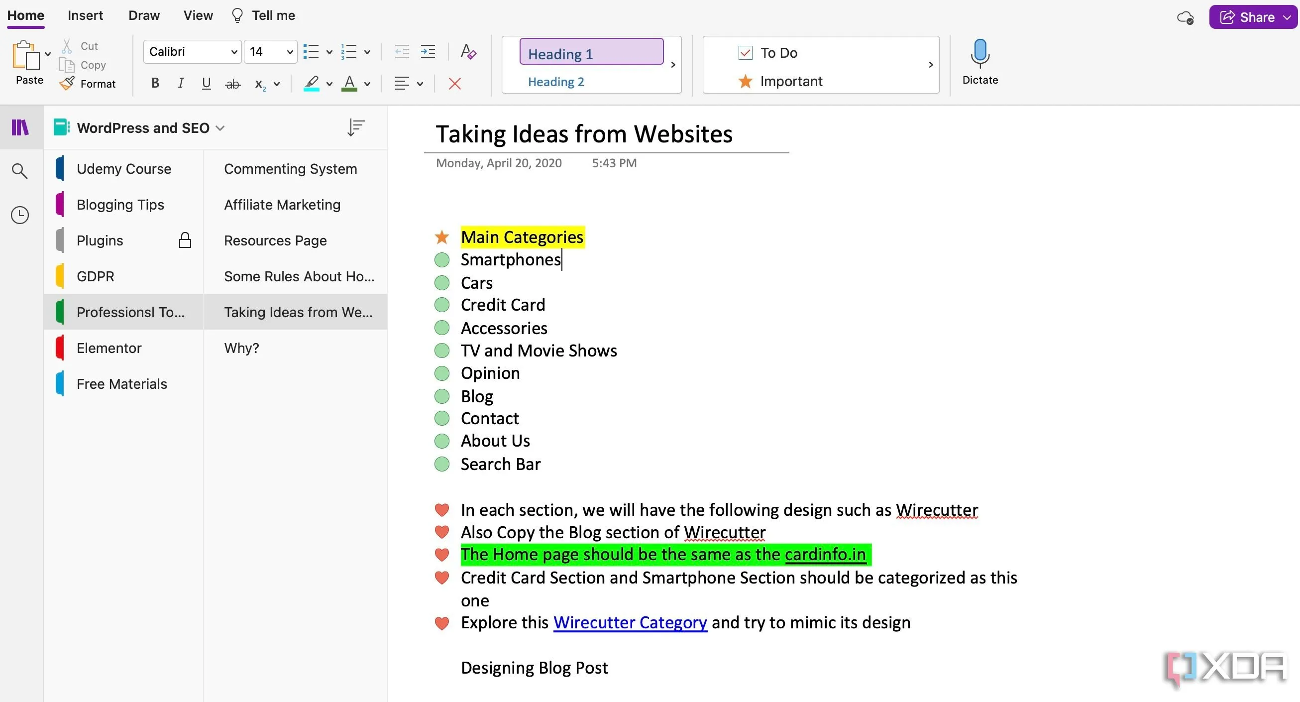 Giao diện người dùng của Microsoft OneNote