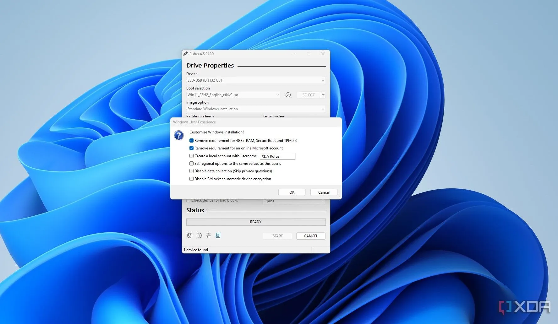 Giao diện người dùng của Rufus trên Windows khi tạo USB cài đặt
