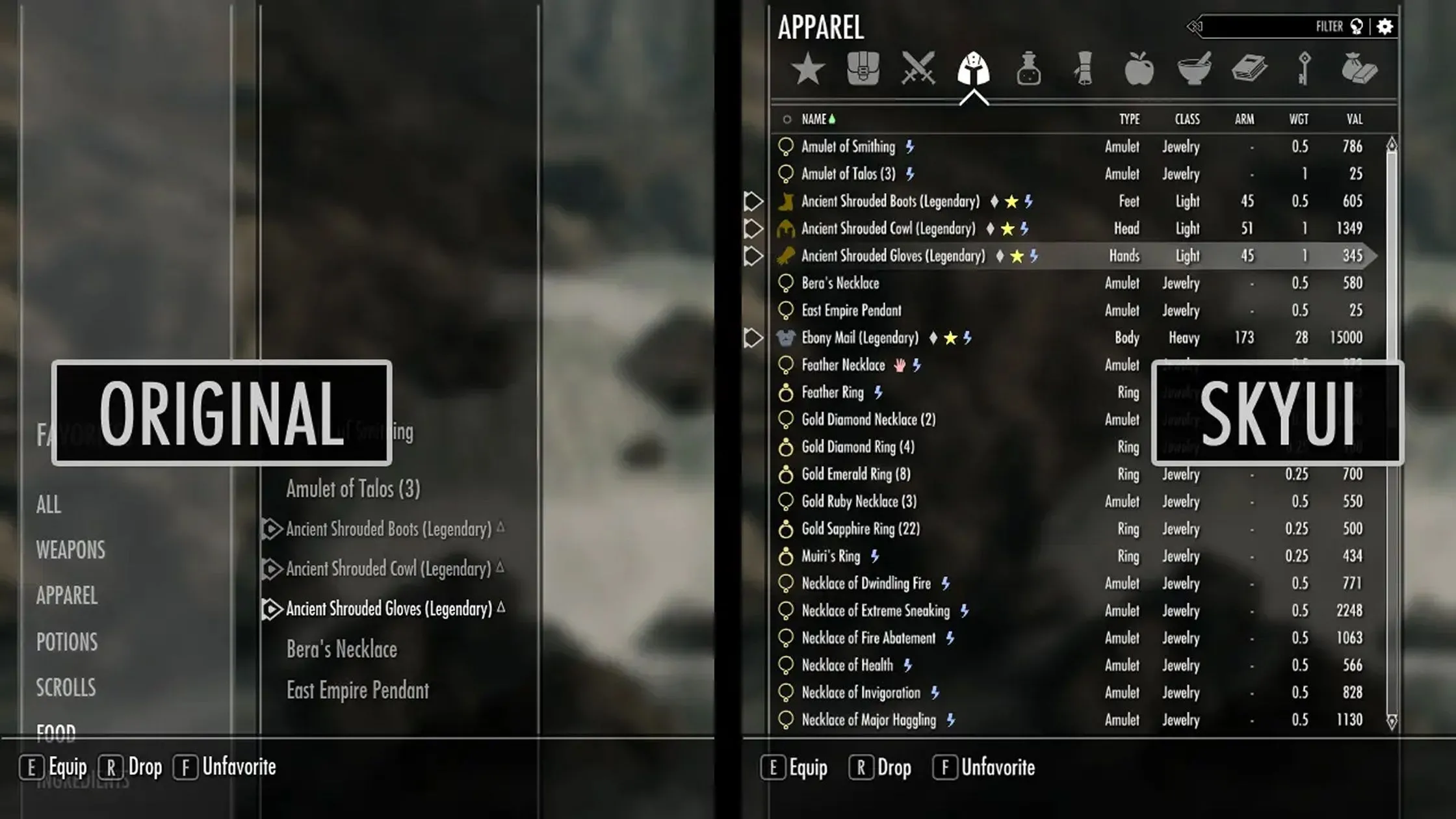 Giao diện người dùng được cải tiến của Skyrim nhờ mod SkyUI, hiển thị các menu được tổ chức khoa học hơn với các biểu tượng màu sắc và cột thông tin bổ sung.
