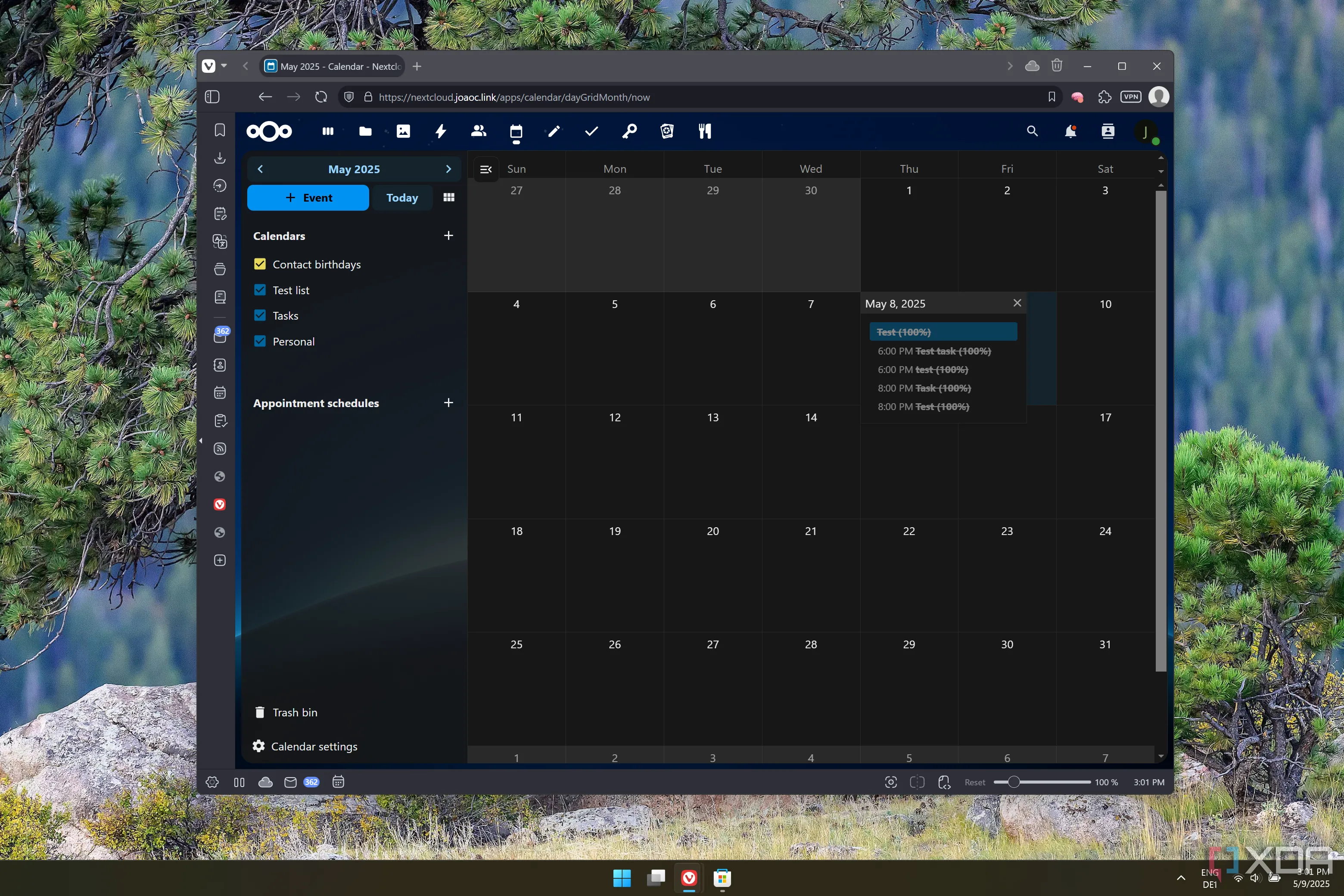 Giao diện người dùng Lịch Nextcloud (Nextcloud Calendar) với chế độ xem chi tiết các sự kiện trong một ngày.