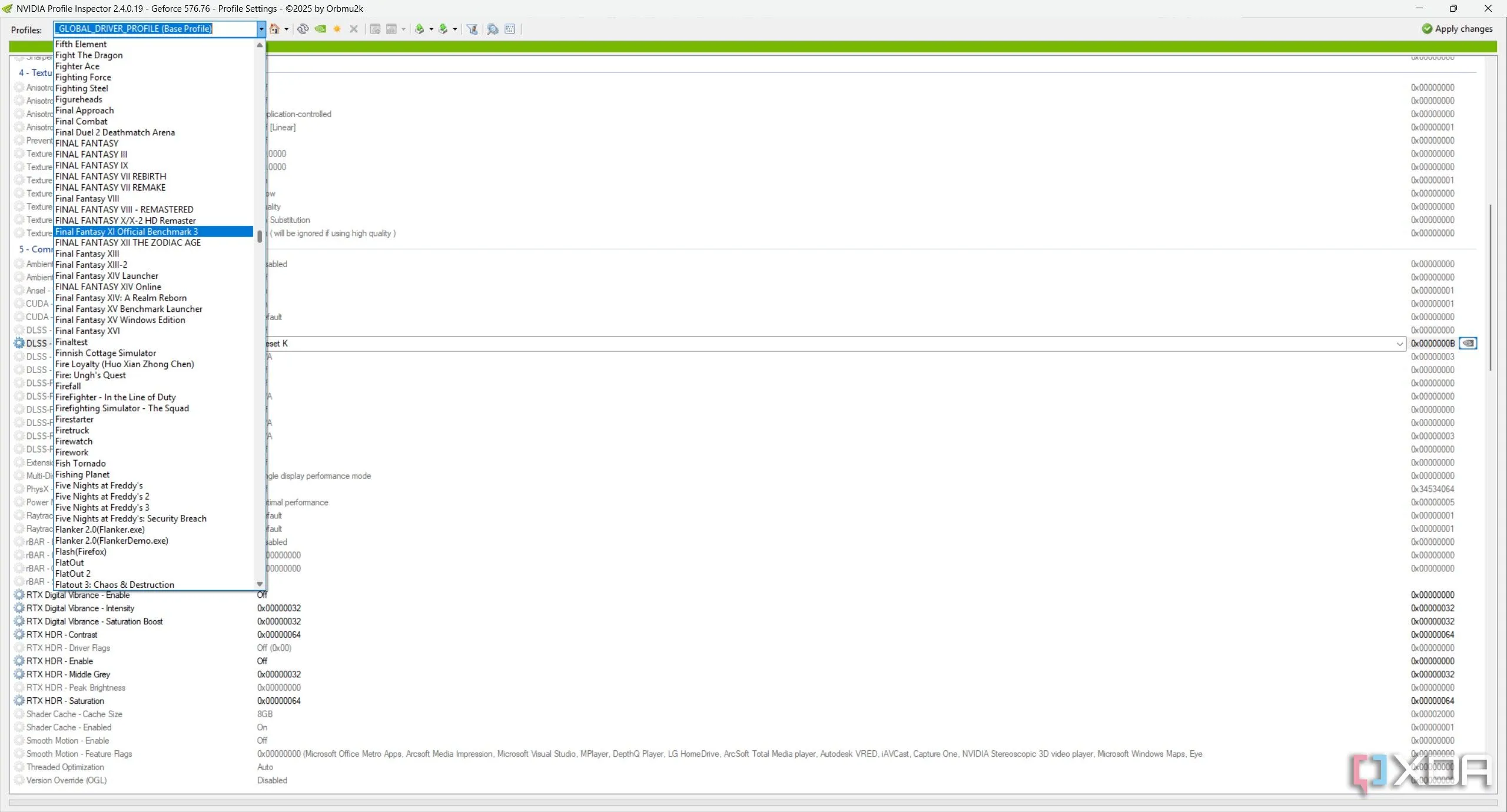 Giao diện Nvidia Profile Inspector với các profile game
