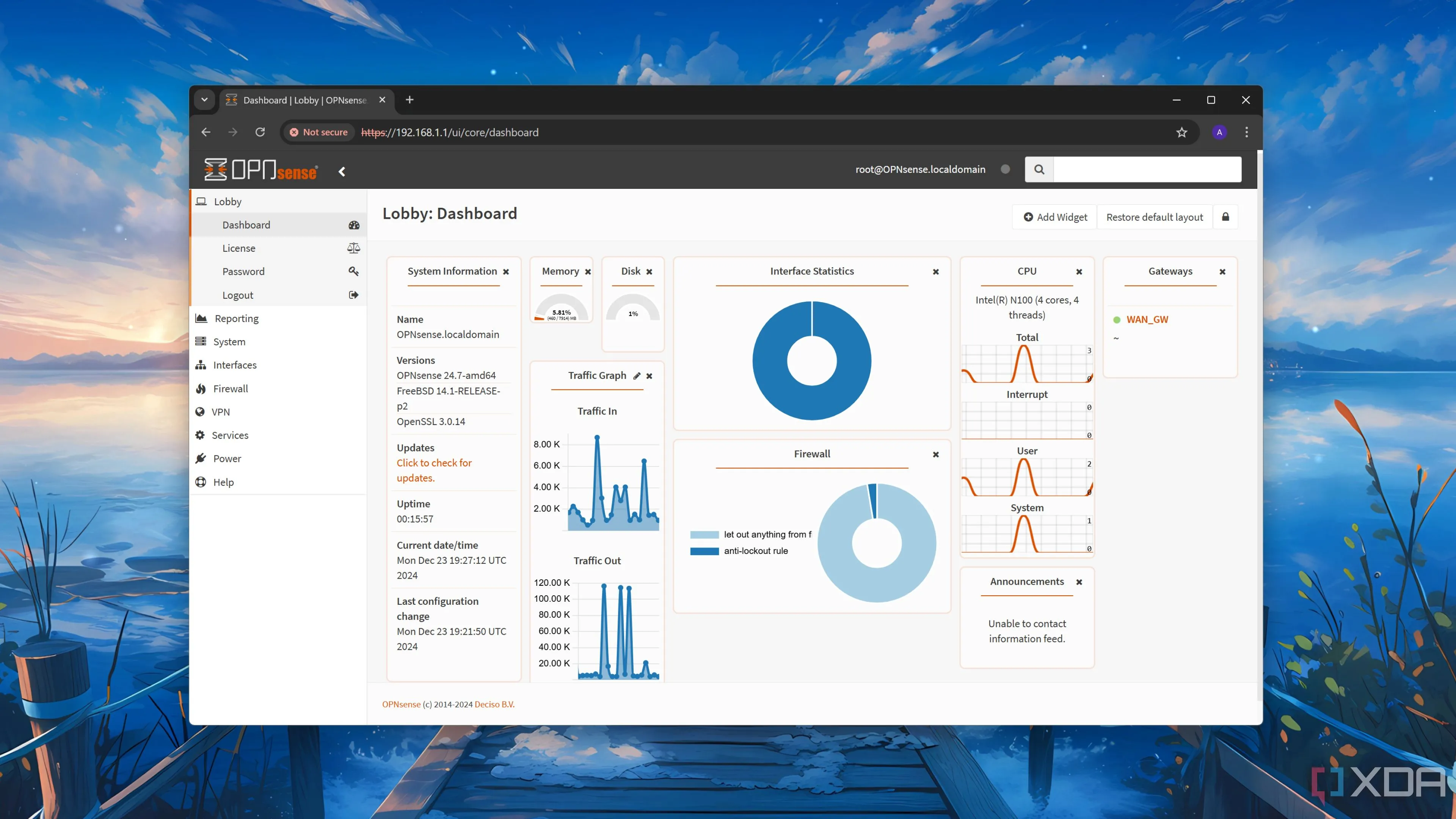 Giao diện OPNsense Dashboard, biểu thị khả năng quản lý mạng và tính sẵn sàng