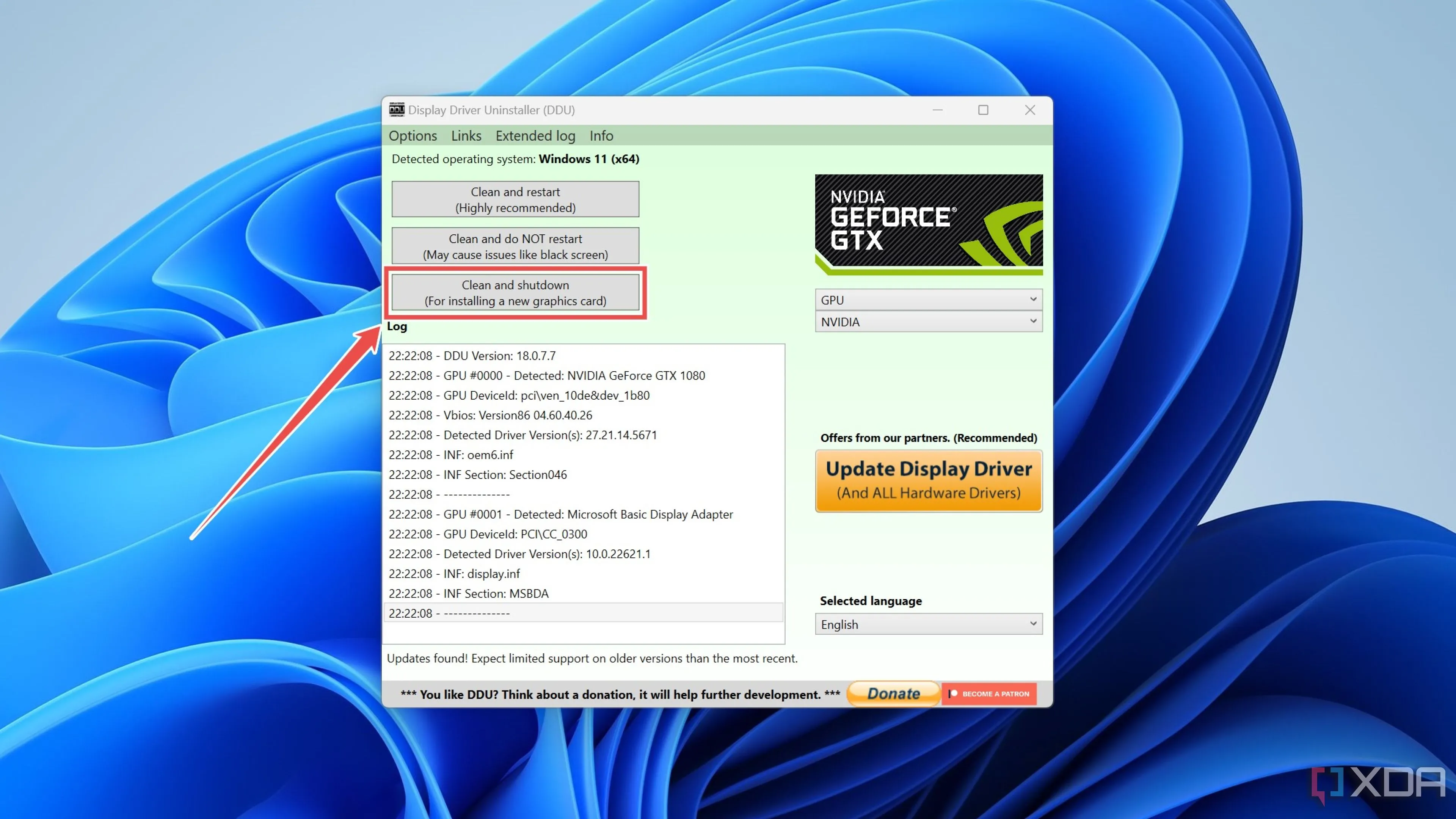 Giao diện phần mềm DDU (Display Driver Uninstaller) với tùy chọn &quot;Clean and shutdown&quot;, minh họa cách gỡ driver cũ hiệu quả