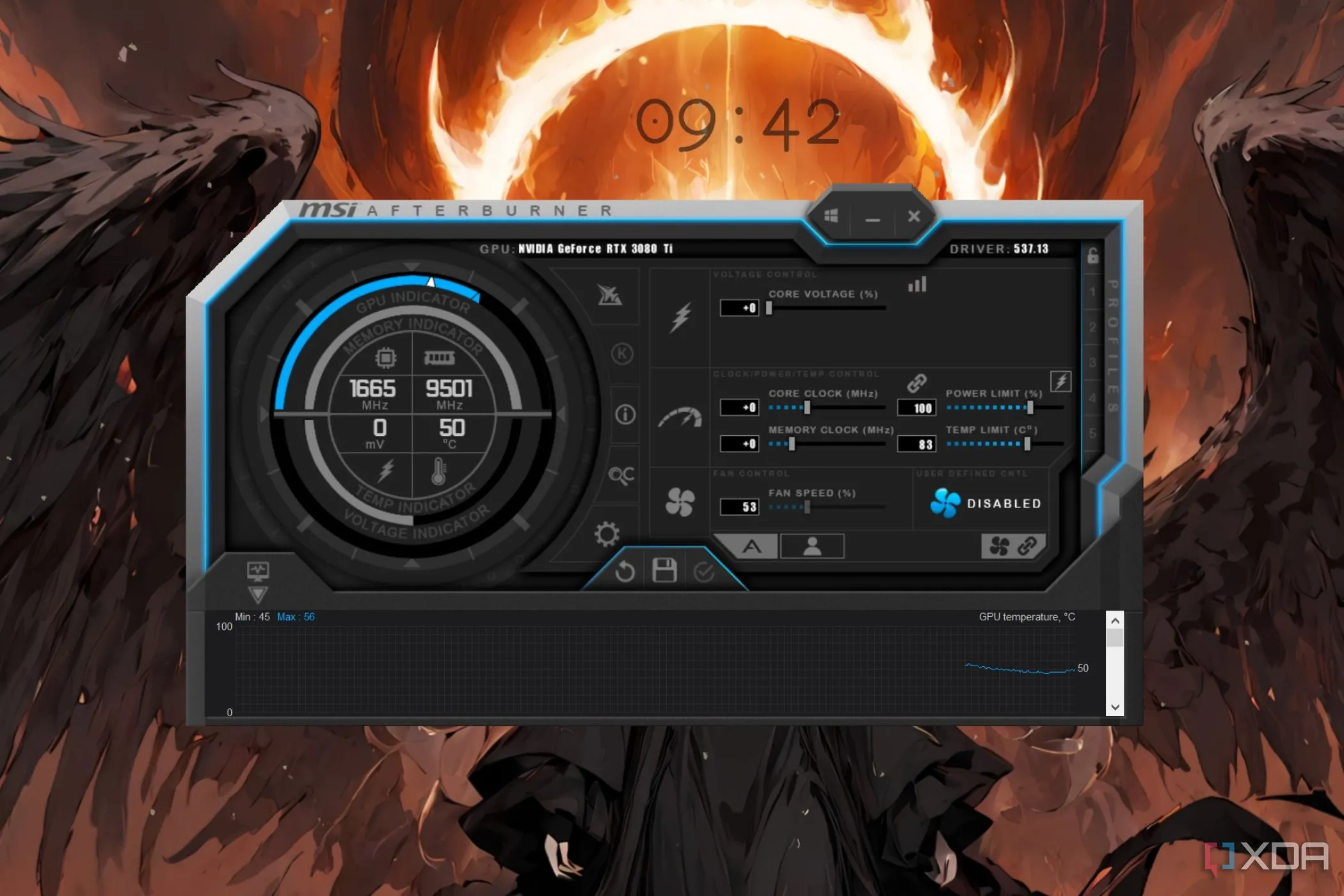 Giao diện phần mềm MSI Afterburner, công cụ điều chỉnh giới hạn điện năng (Power Limit) và ép xung card đồ họa