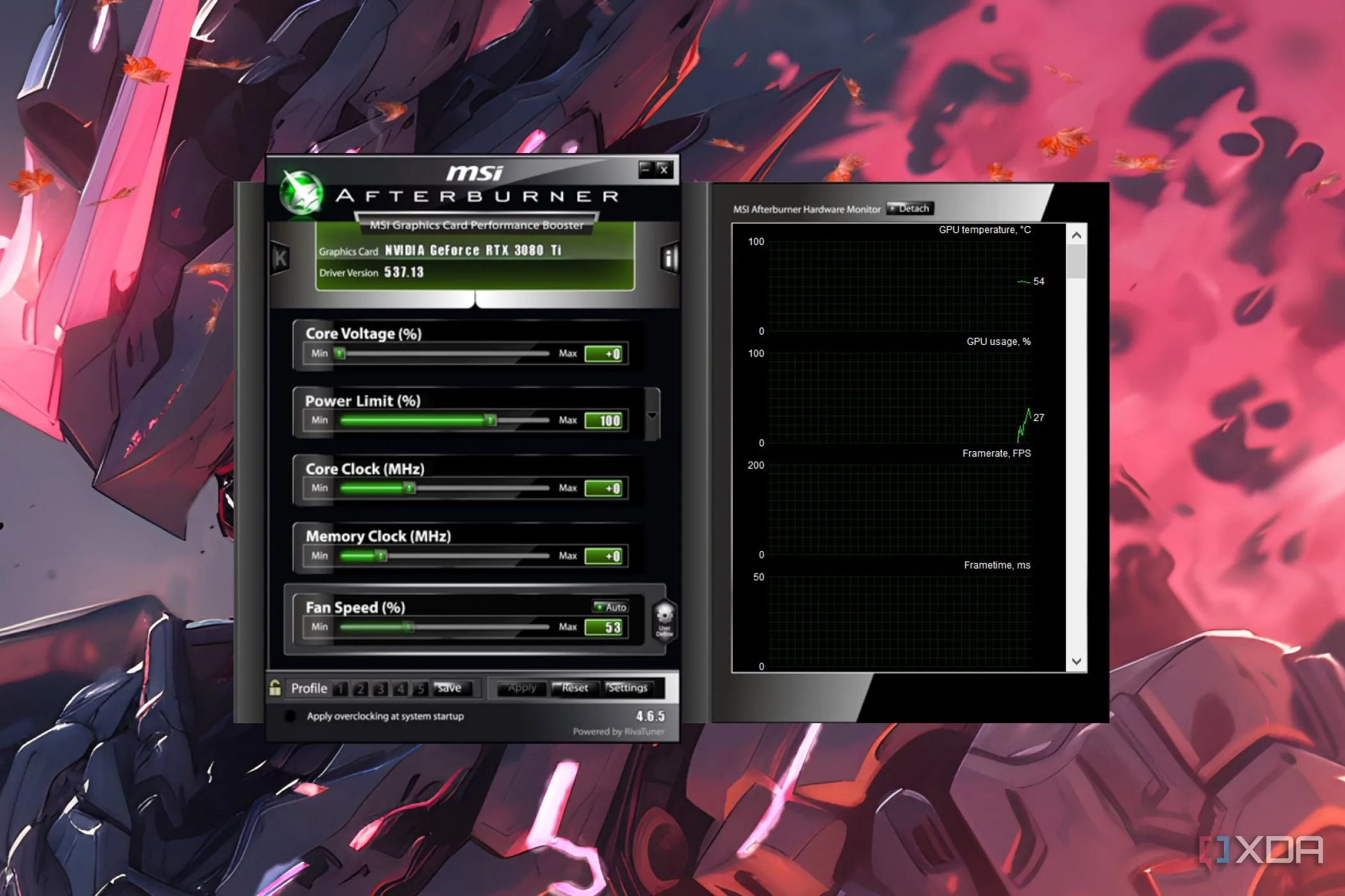 Giao diện phần mềm MSI Afterburner hiển thị các tùy chỉnh đường cong quạt (fan curve) và thông số giám sát GPU.