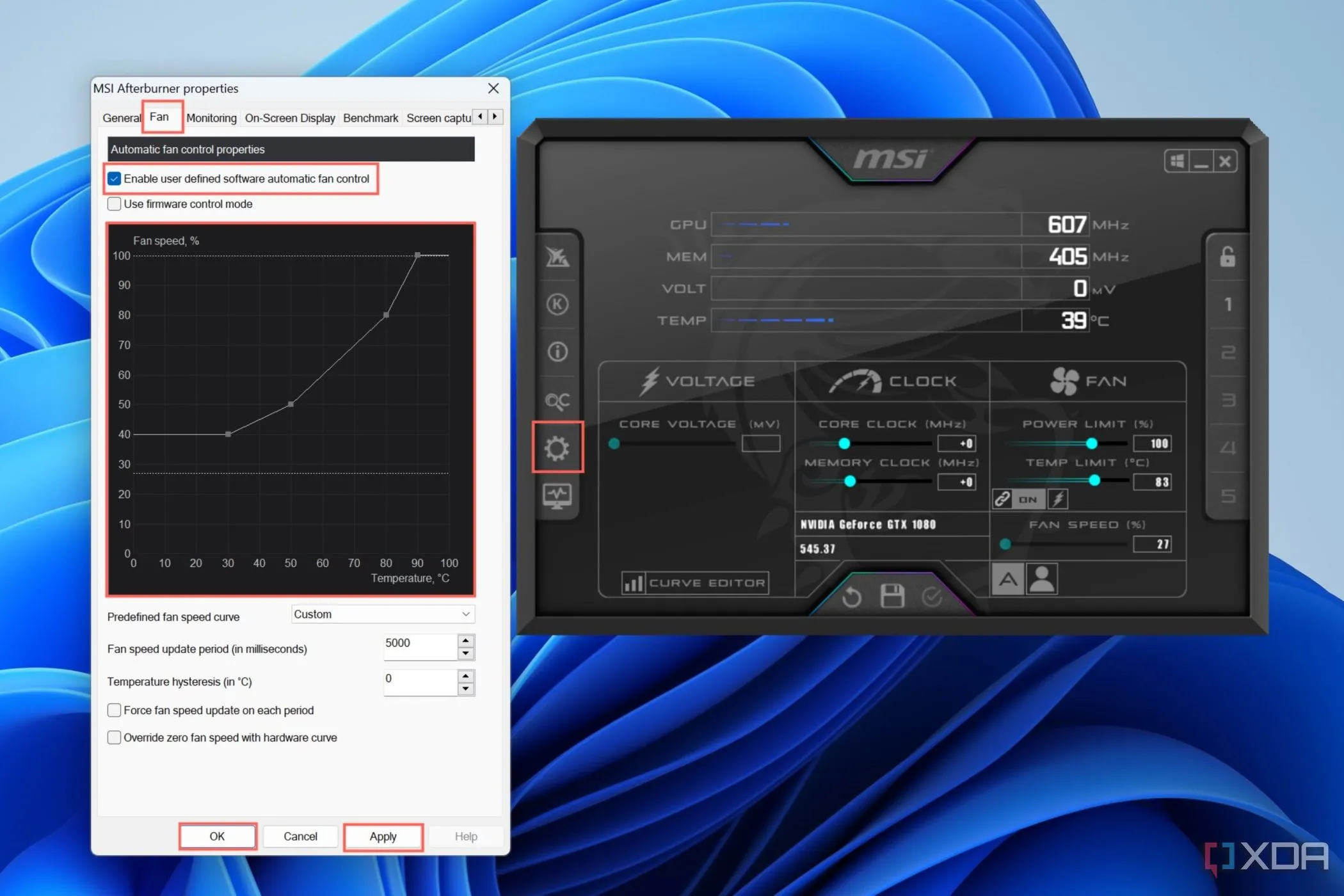 Giao diện phần mềm MSI Afterburner hiển thị tab &quot;Fan&quot; với các tùy chọn điều chỉnh đường cong quạt GPU, giúp tối ưu tốc độ quạt theo nhiệt độ.