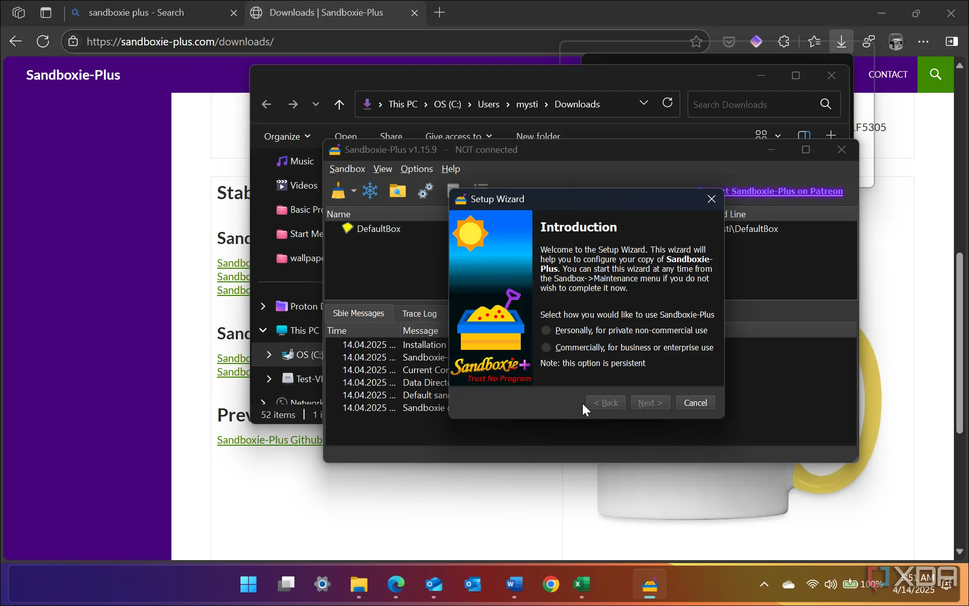 Giao diện phần mềm Sandboxie Plus đang chạy trên hệ điều hành Windows 11, hiển thị môi trường hộp cát an toàn