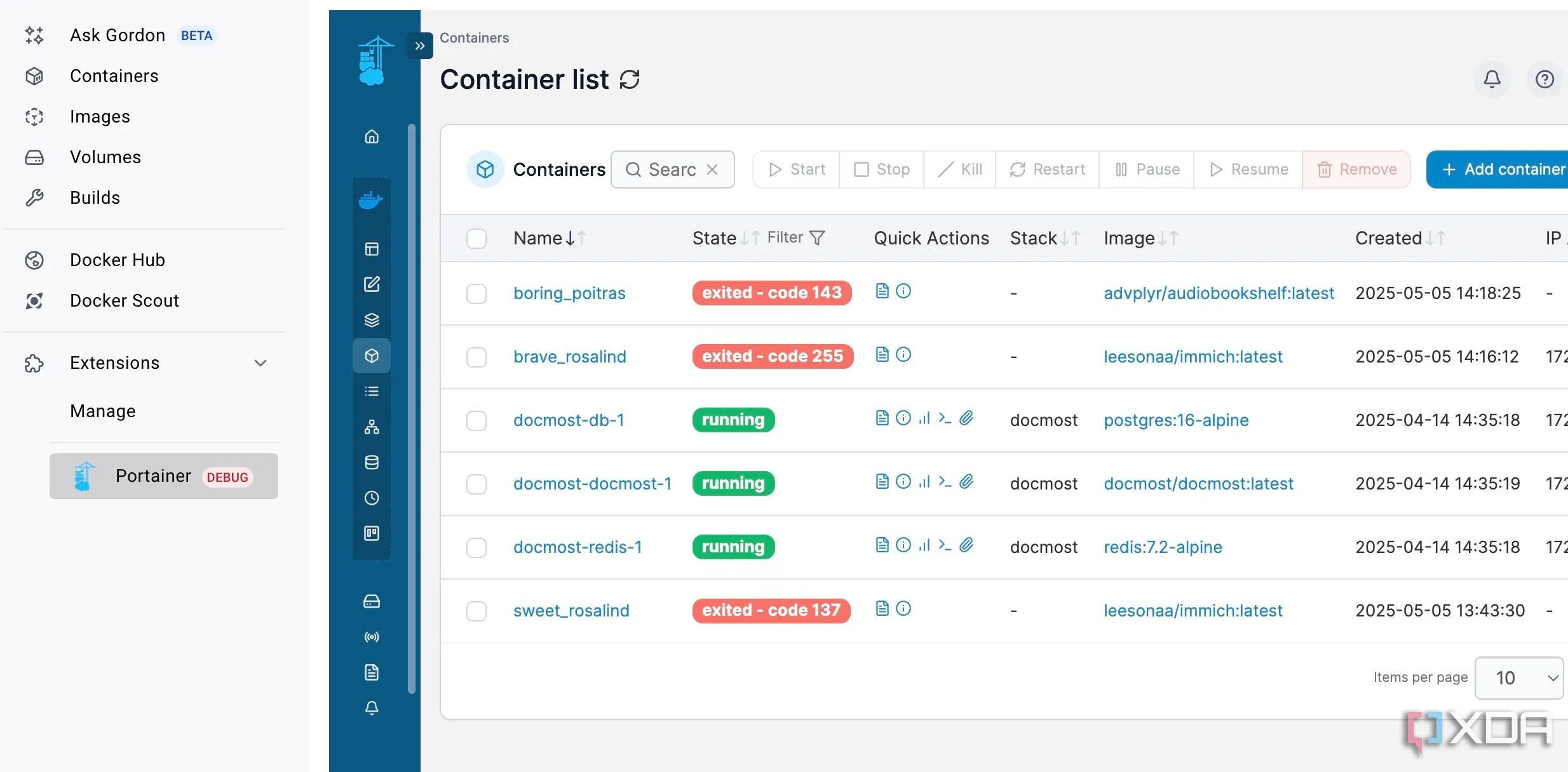 Giao diện Portainer được tích hợp trong Docker Desktop để quản lý container