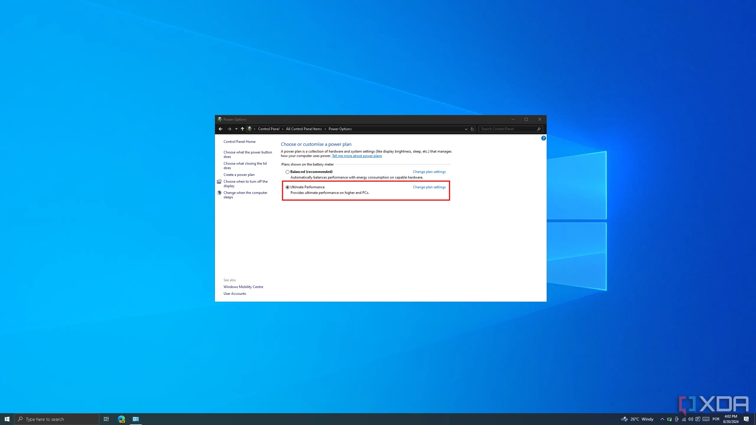 Giao diện Power Options trong Control Panel Windows 10 với chế độ Ultimate Performance được chọn.