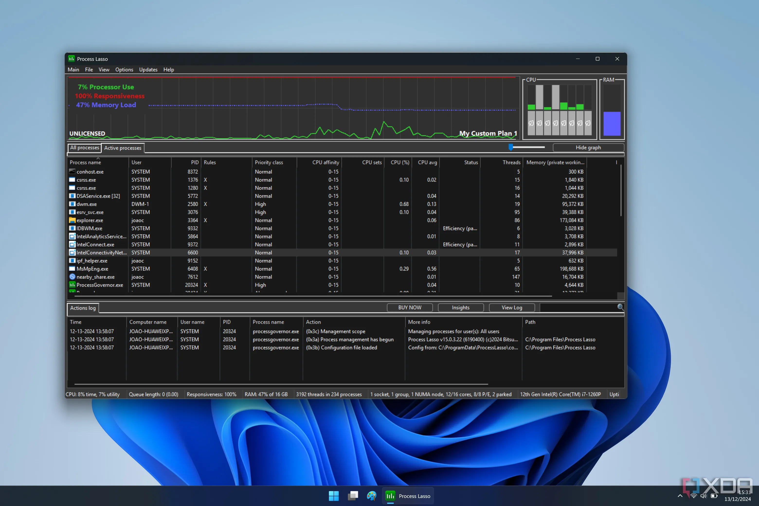Giao diện Process Lasso hiển thị các tiến trình đang chạy trên Windows, một công cụ thay thế Task Manager mạnh mẽ.