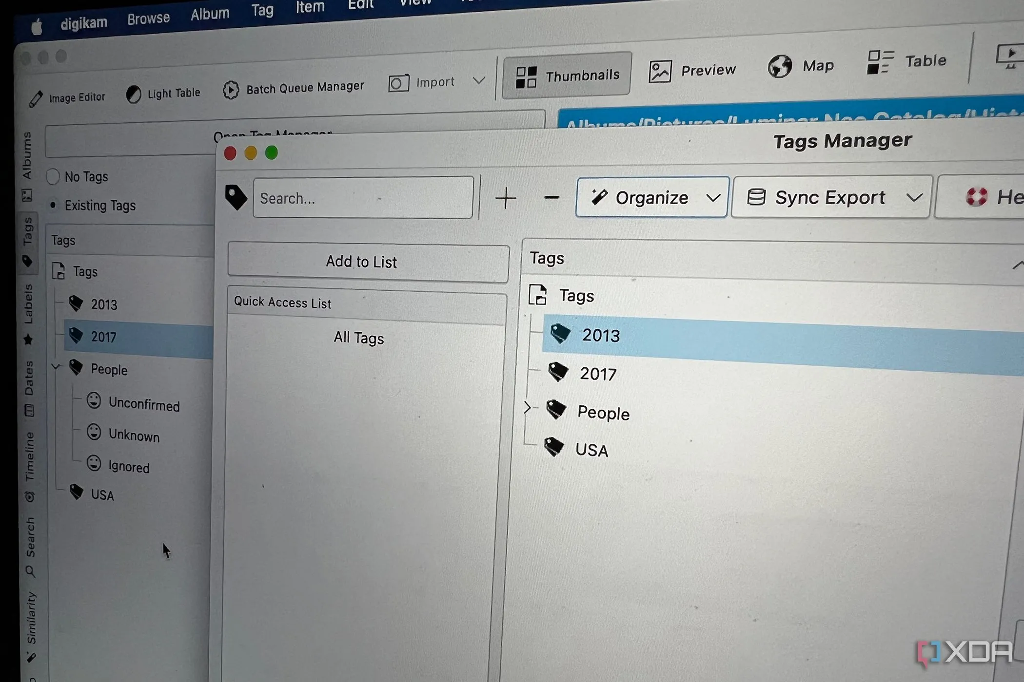 Giao diện quản lý thẻ (tag manager) của DigiKam, cho phép người dùng gán và quản lý các thẻ để sắp xếp hiệu quả thư viện ảnh số.