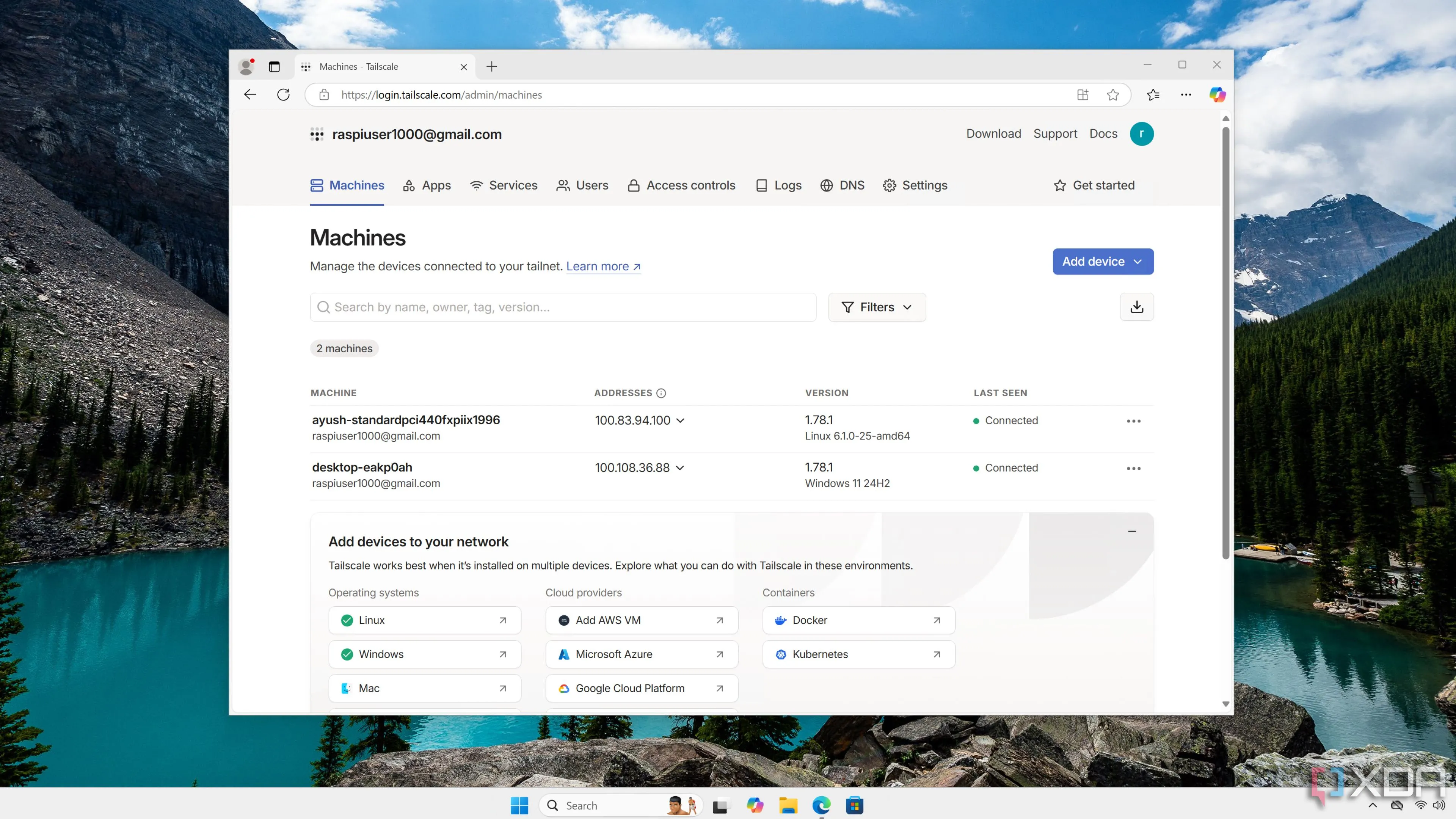 Giao diện quản lý web của Tailscale hiển thị các thiết bị và trạng thái kết nối