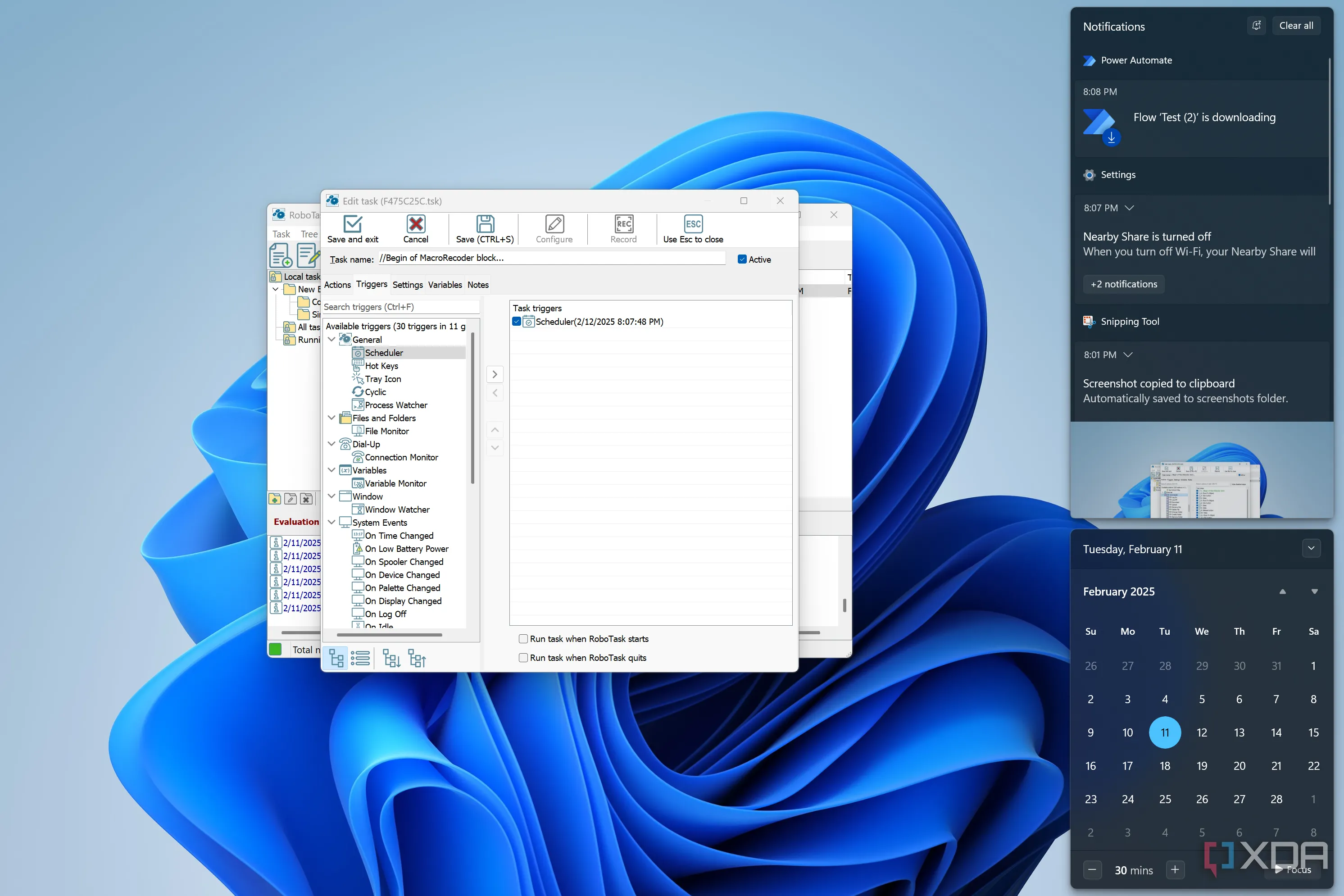 Giao diện RoboTask hiển thị danh sách các trigger, cùng thông báo tải quy trình Power Automate trên Windows 11
