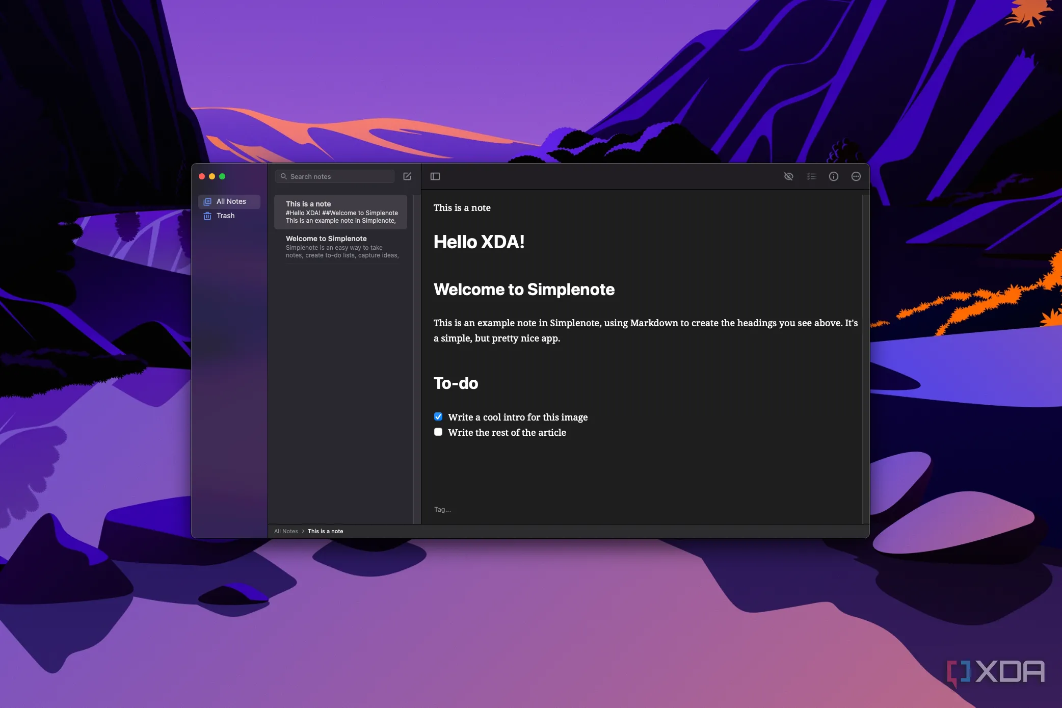 Giao diện Simplenote trên máy Mac với các ghi chú và thẻ