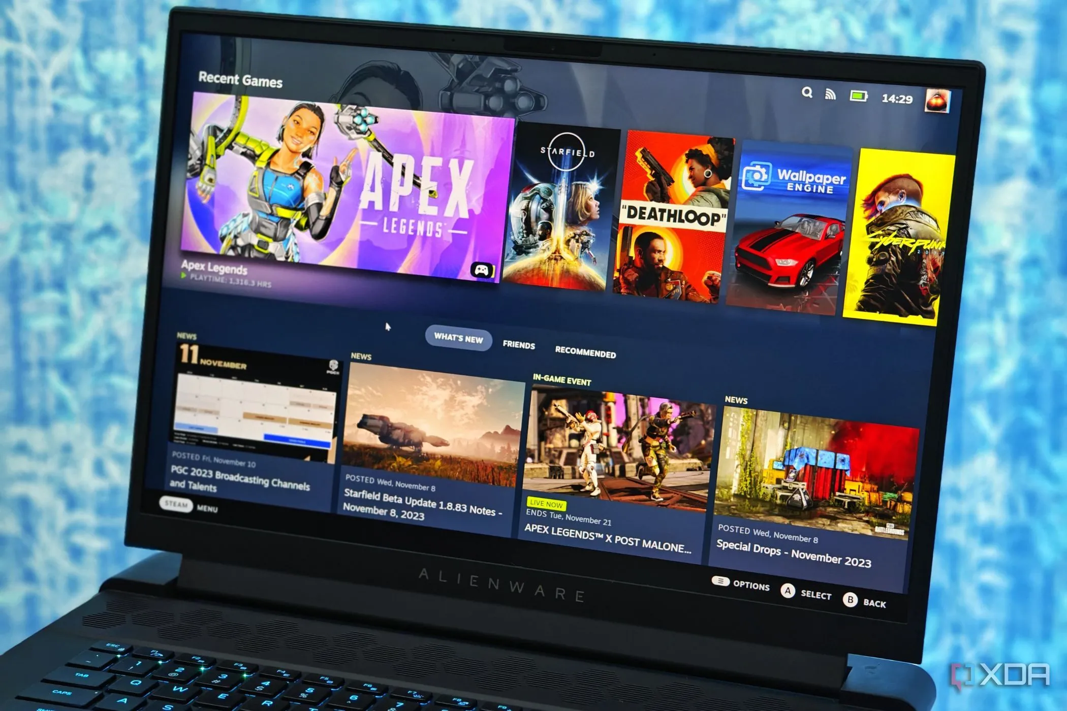 Giao diện Steam Big Picture Mode trên máy tính xách tay chơi game Alienware