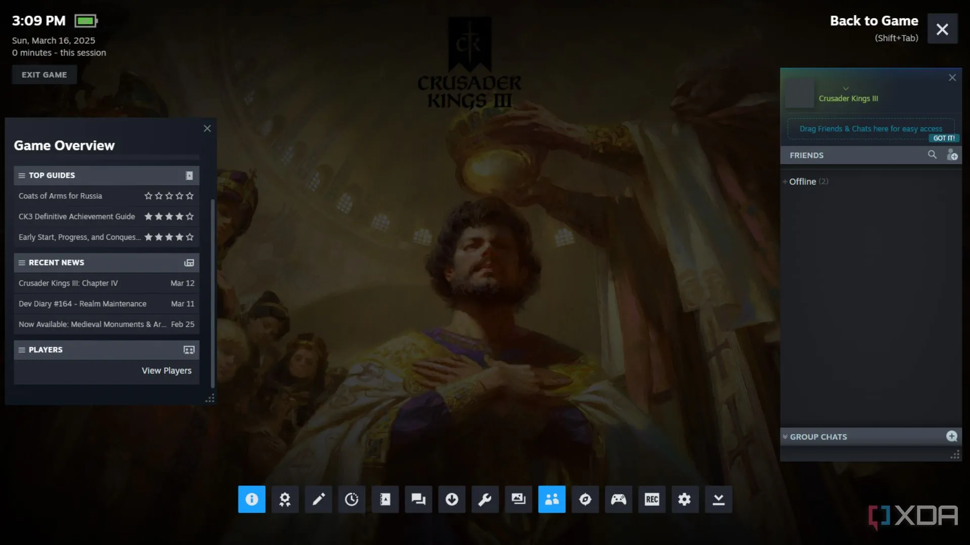 Giao diện Steam Overlay hiển thị trên màn hình tải game Crusader Kings 3, nhấn mạnh các tính năng tiện ích.