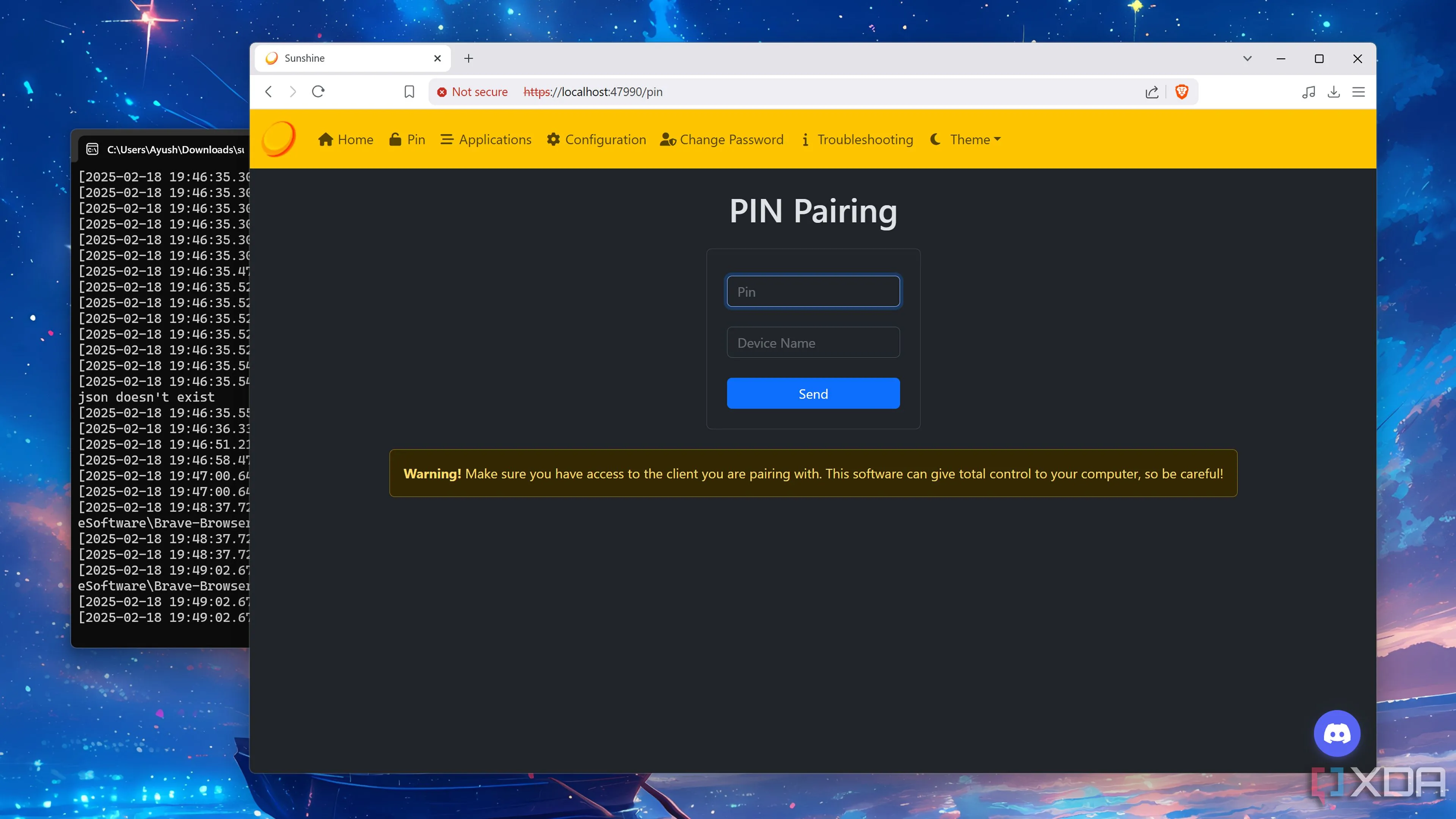 Giao diện tab Ghép nối PIN trong Sunshine