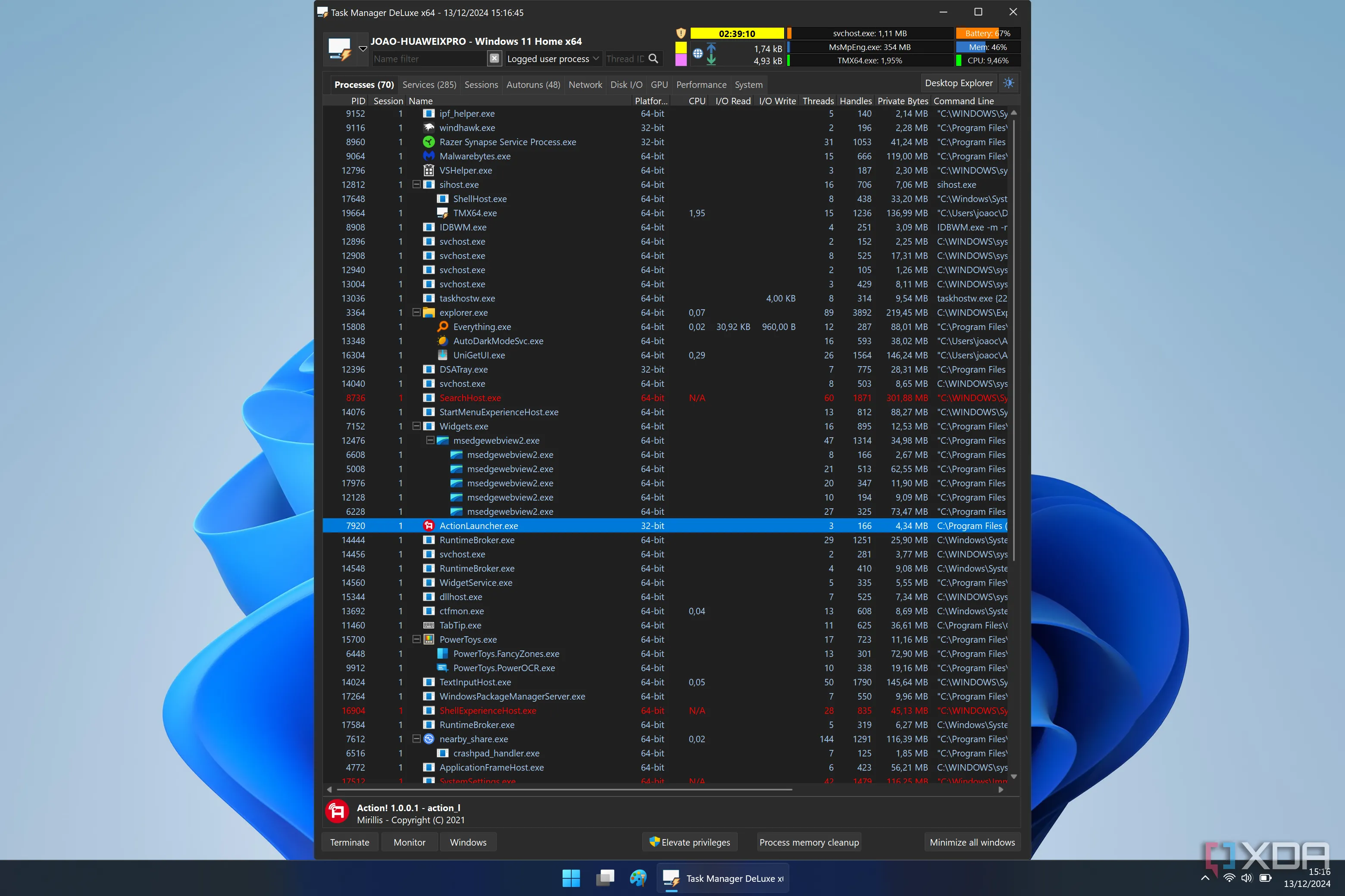 Giao diện tab Processes trong Task Manager DeLuxe hiển thị thông tin chi tiết về các tiến trình hệ thống đang chạy.
