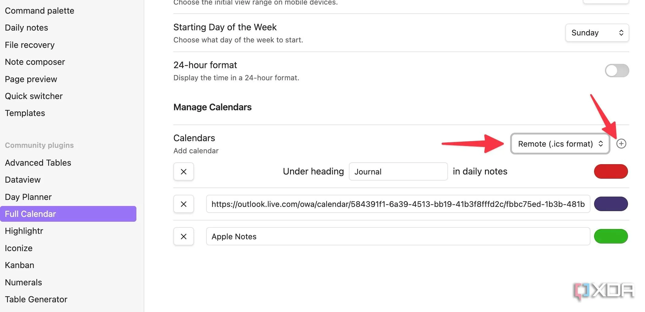 Giao diện tạo lịch định dạng ICS mới trong cài đặt Plugin Full Calendar của Obsidian