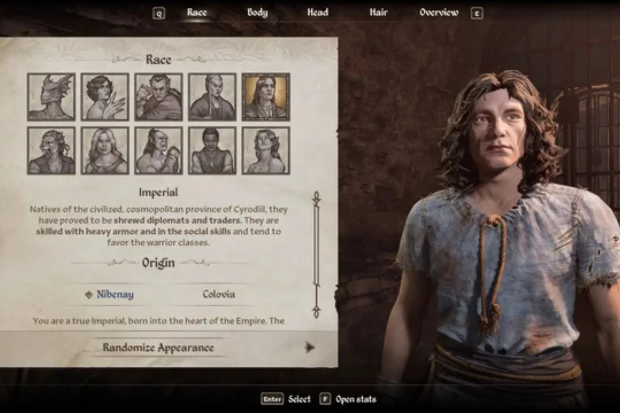 Giao diện tạo nhân vật chủng tộc Imperial trong game Oblivion Remastered, gợi nhớ trải nghiệm game nhập vai.