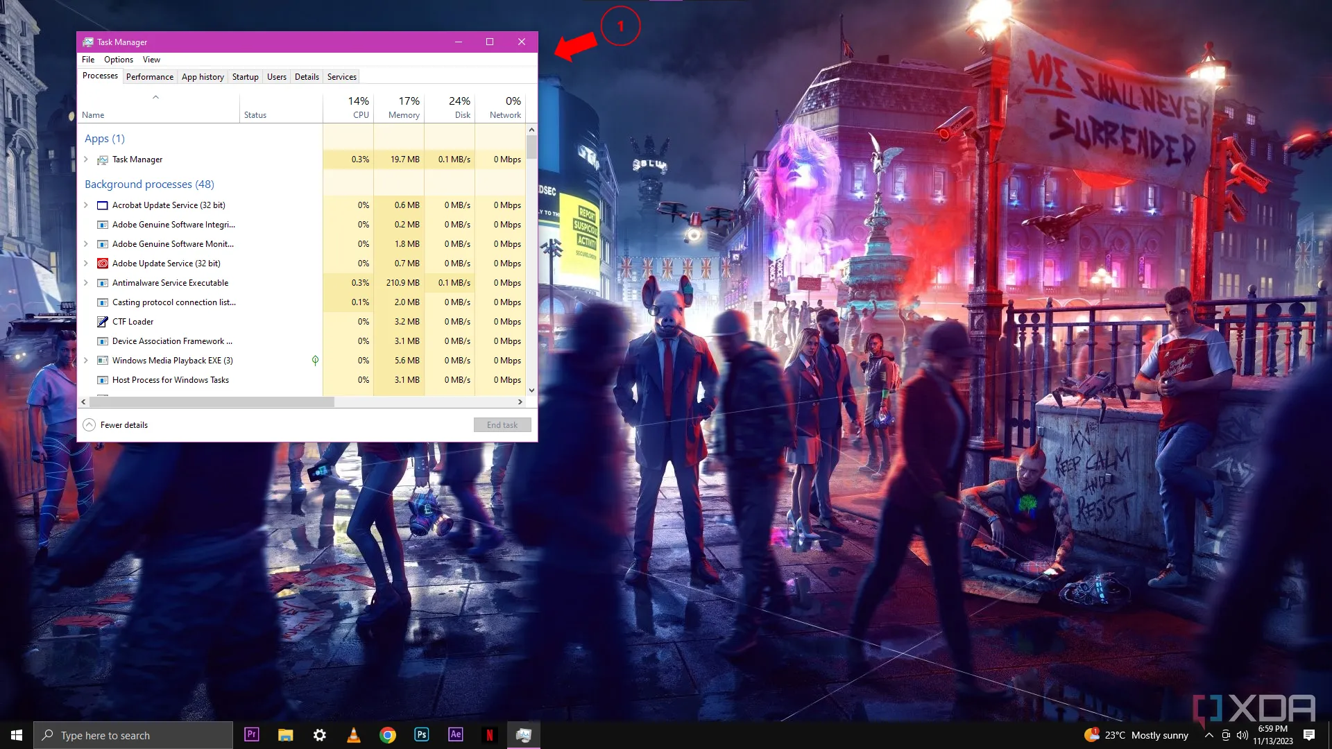 Giao diện Task Manager trên Windows 10 hiển thị các tiến trình đang chạy, hướng dẫn tắt ứng dụng nền.
