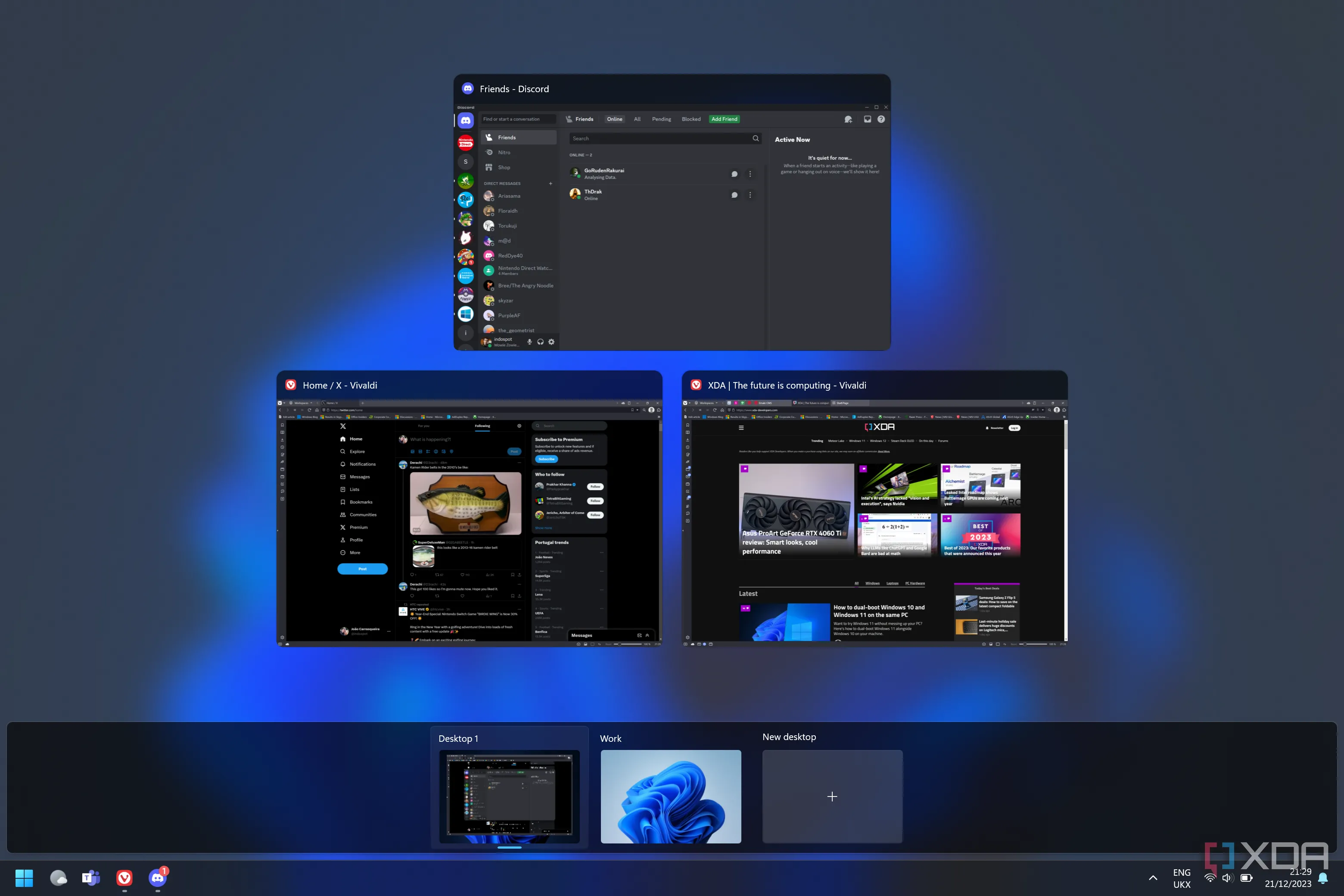 Giao diện Task View trong Windows 11 hiển thị các cửa sổ đang mở để chuyển đổi nhanh chóng