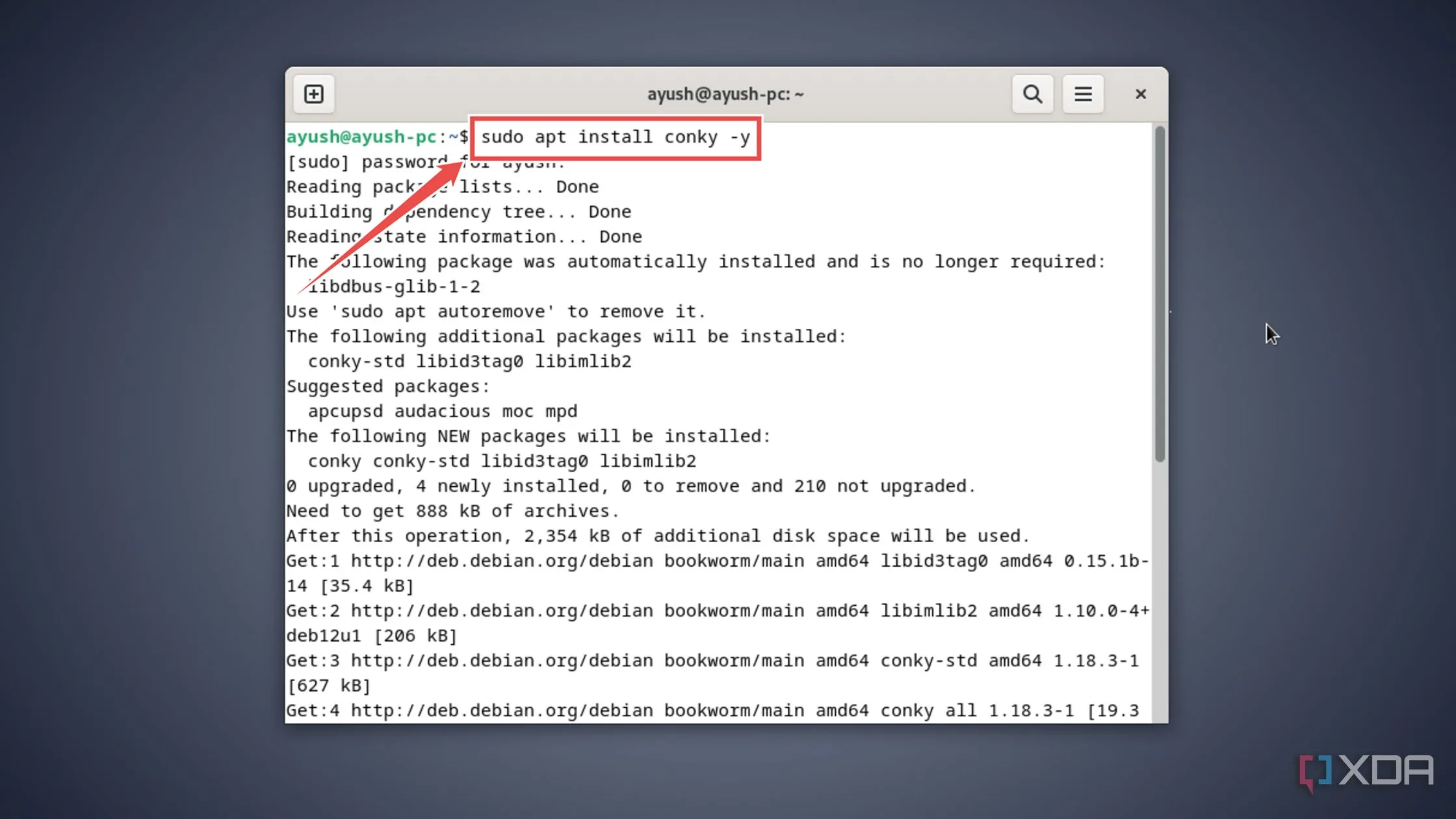 Giao diện Terminal hiển thị lệnh cài đặt tiện ích Conky trên Linux