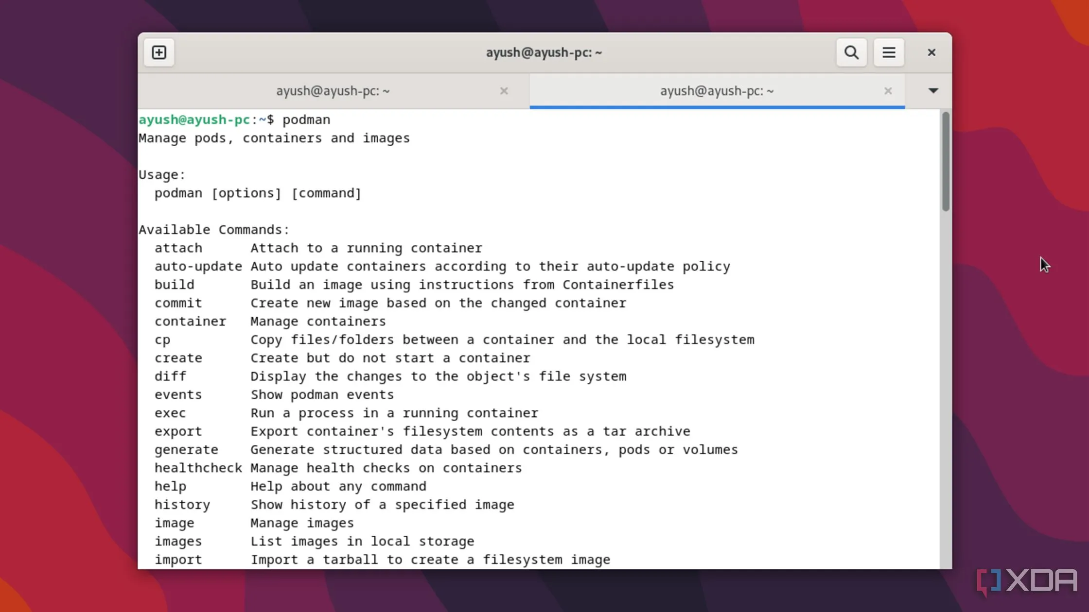 Giao diện terminal hiển thị phiên bản Podman đang chạy trên máy ảo Debian