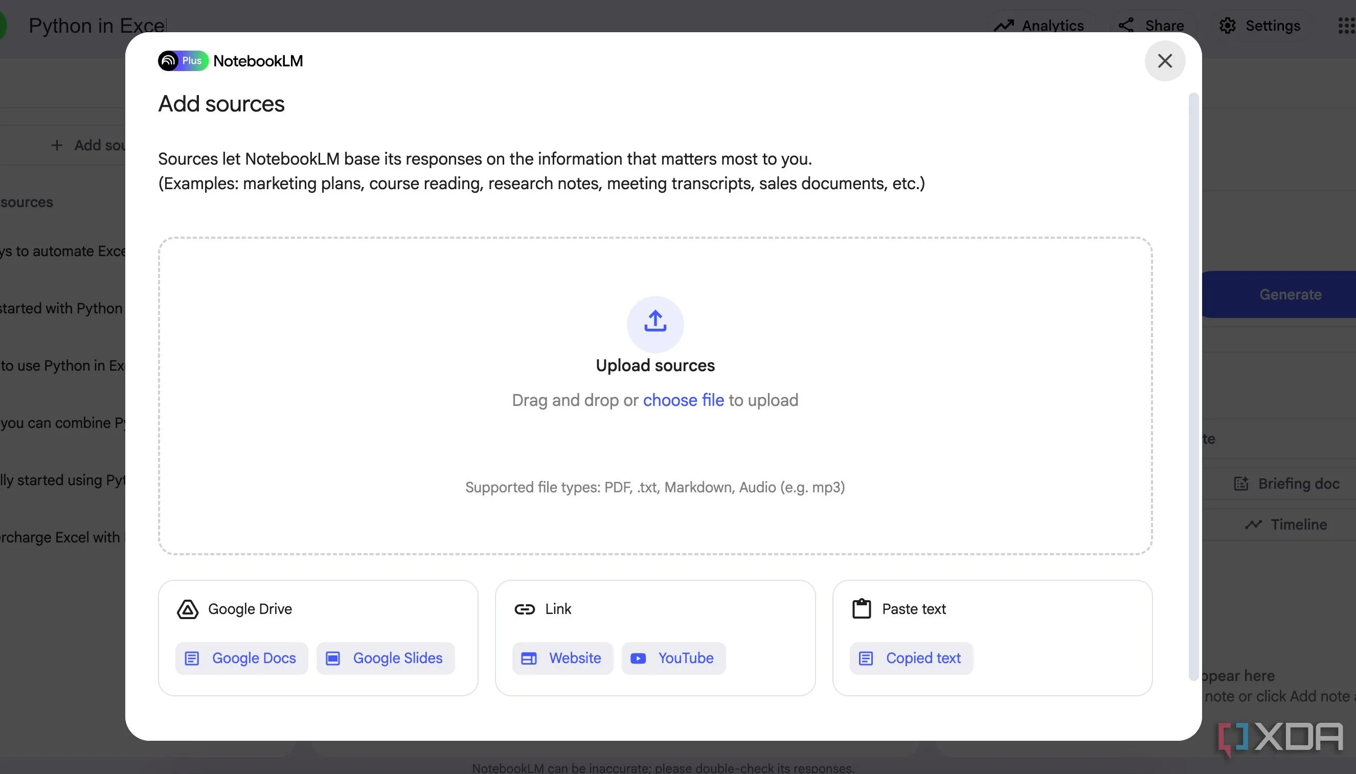 Giao diện thêm nguồn vào NotebookLM, cho phép nhập dữ liệu từ các ứng dụng ghi chú khác như Obsidian hoặc Notion
