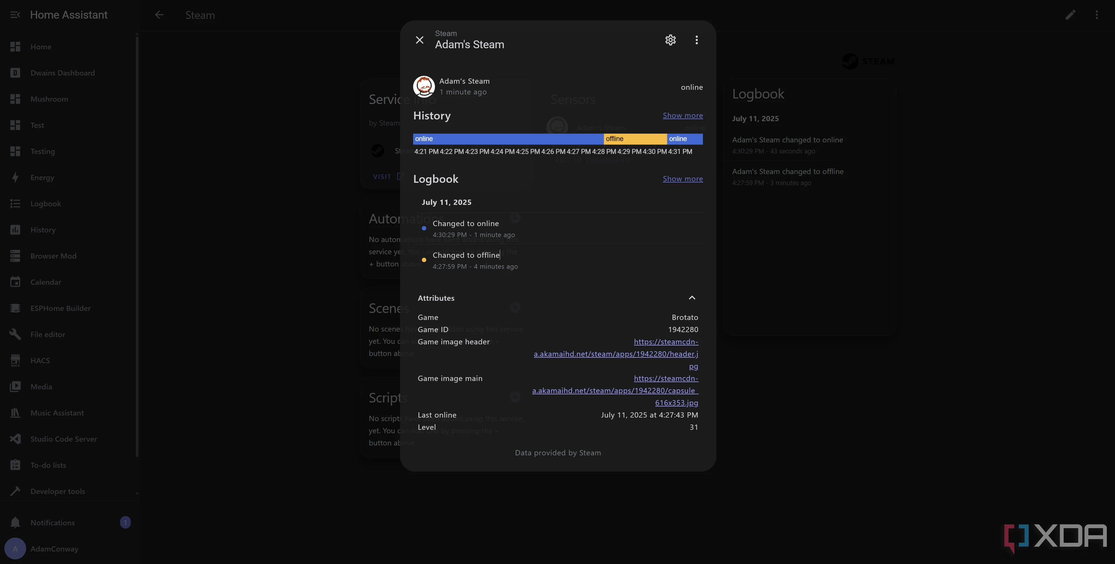 Giao diện theo dõi trạng thái tích hợp Steam trong Home Assistant, hiển thị ID game đang chạy.