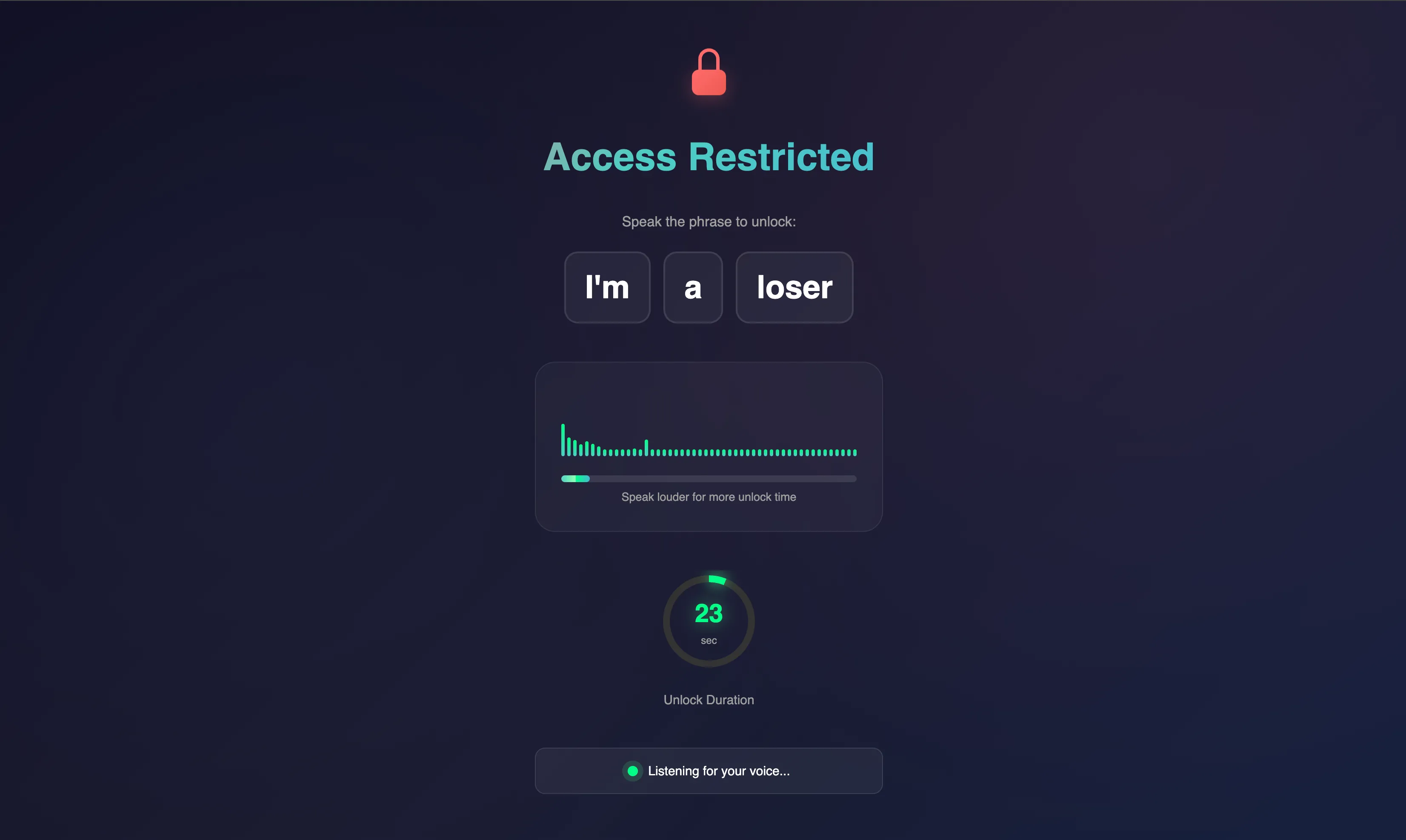 Giao diện tiện ích Chrome Scream to Unlock yêu cầu người dùng hét 'I'm a loser' để mở khóa mạng xã hội