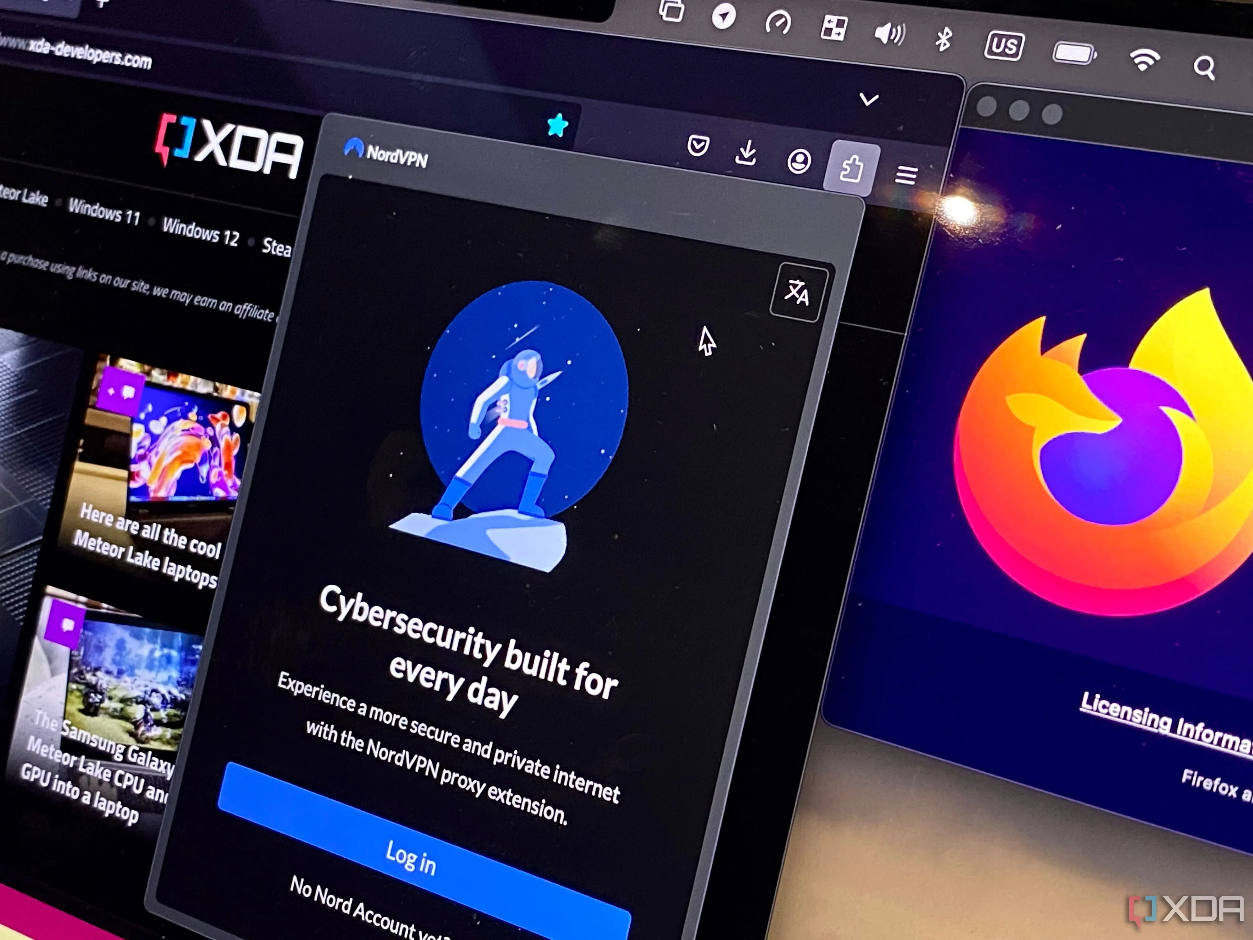 Giao diện tiện ích mở rộng NordVPN trên Firefox, minh họa cho việc sử dụng VPN nhằm bảo vệ quyền riêng tư