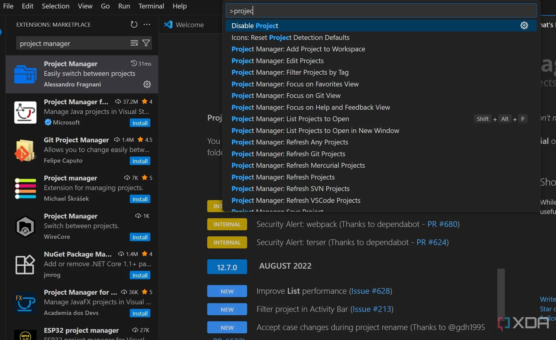 Giao diện tiện ích Project Manager trong VS Code hiển thị danh sách các dự án
