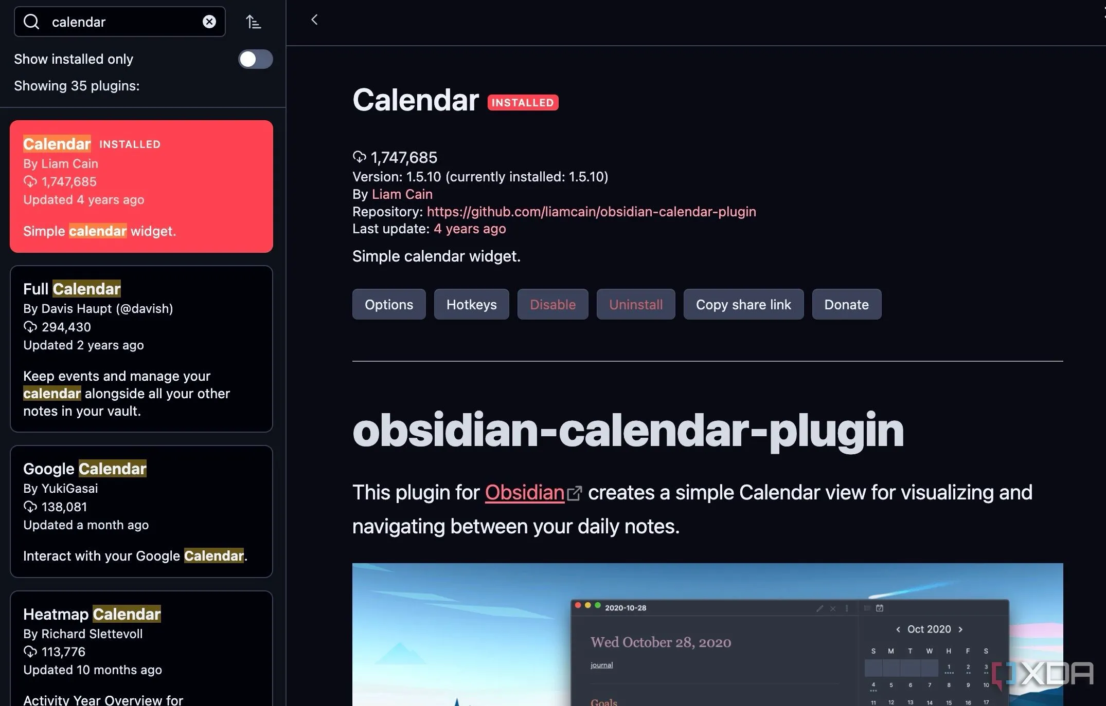 Giao diện tìm kiếm và cài đặt plugin Calendar cho Obsidian