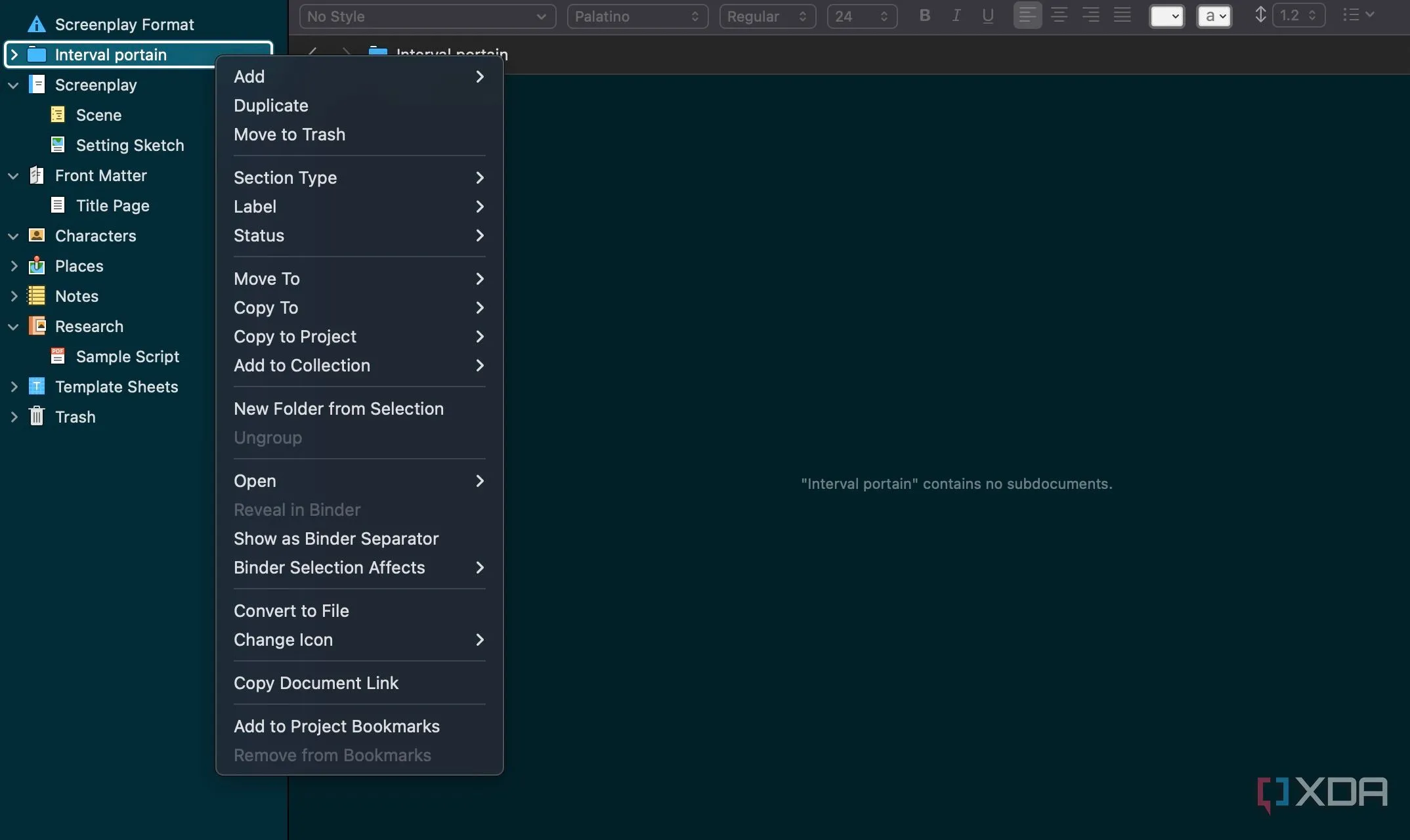 Giao diện tổ chức dự án của Scrivener hiển thị các thư mục và tài liệu được sắp xếp