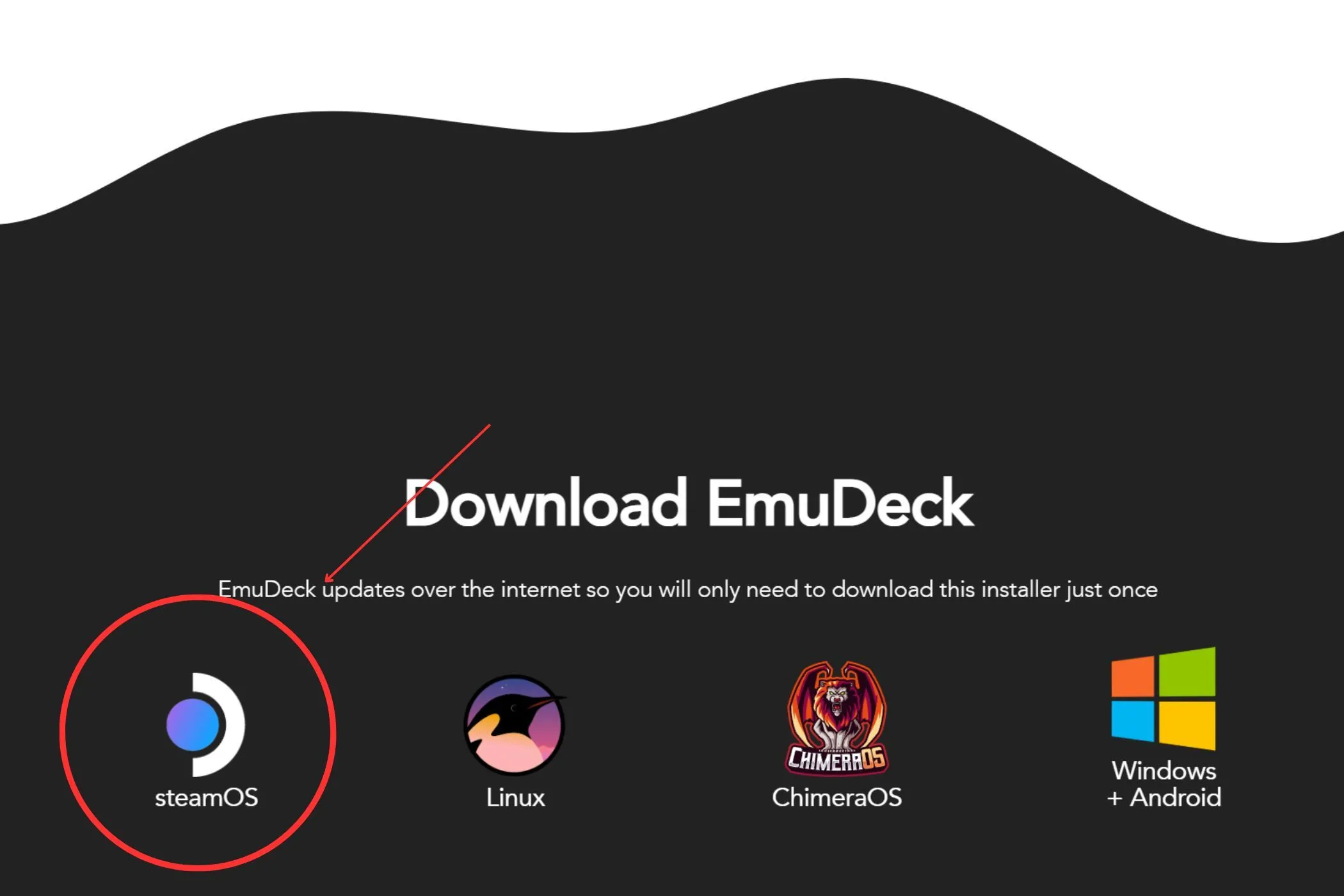 Giao diện trang web EmuDeck với tùy chọn tải xuống phiên bản SteamOS, minh họa bước cài đặt giả lập trên Steam Deck.