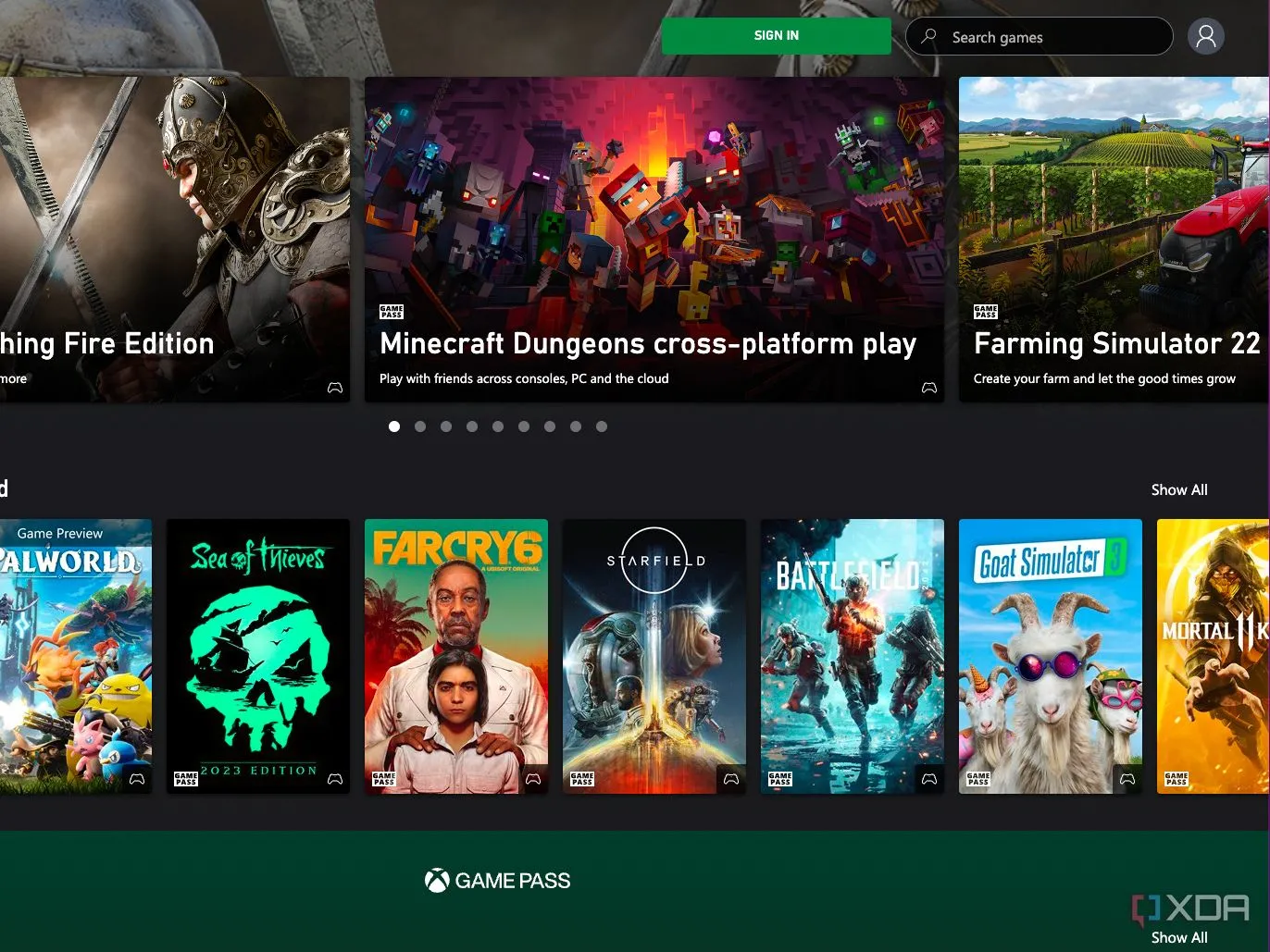 Giao diện trình duyệt của Xbox Game Pass Ultimate cho thấy các tựa game có sẵn trong dịch vụ đăng ký.