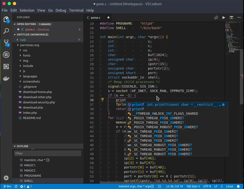 Giao diện trình soạn thảo mã nguồn VSCodium, một phiên bản của VS Code không có telemetry