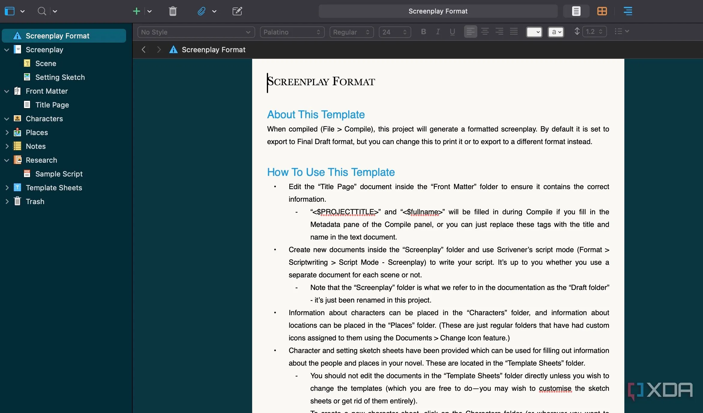 Giao diện tùy chỉnh của Scrivener với các tùy chọn chủ đề khác nhau