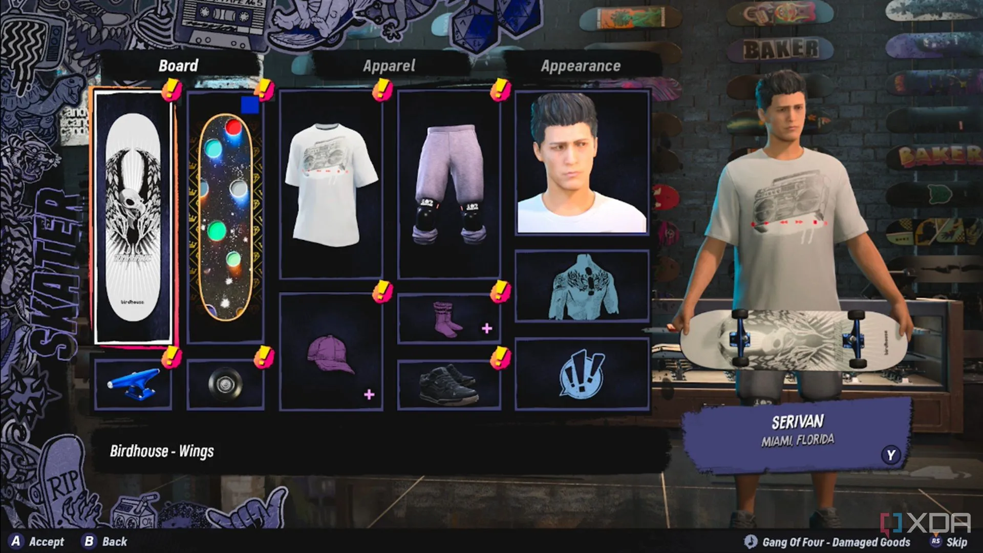 Giao diện tùy chỉnh nhân vật Create-A-Skater trong Tony Hawk's Pro Skater 3+4, cho phép người chơi thay đổi trang phục và ván trượt.