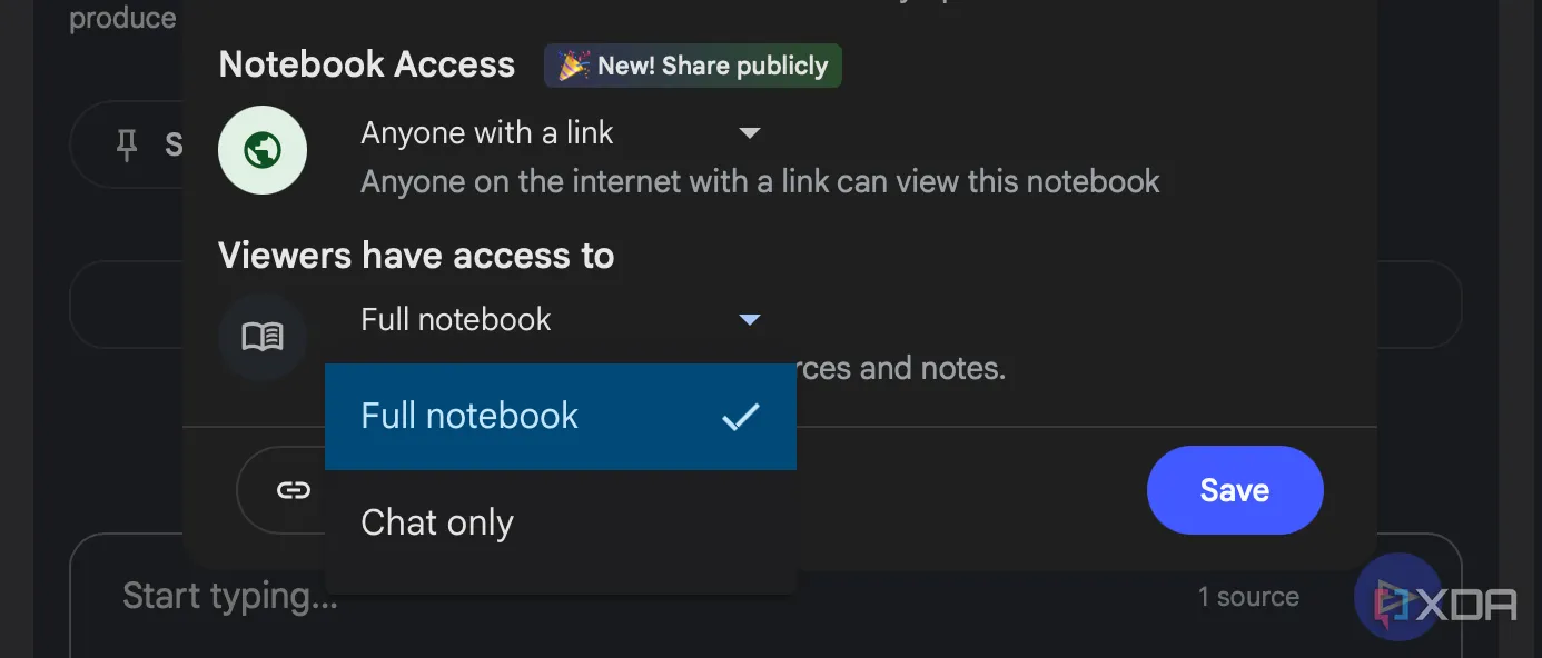 Giao diện tùy chỉnh quyền truy cập của người xem trong NotebookLM, cho phép chọn &quot;Full notebook&quot; hoặc &quot;Chat only&quot;