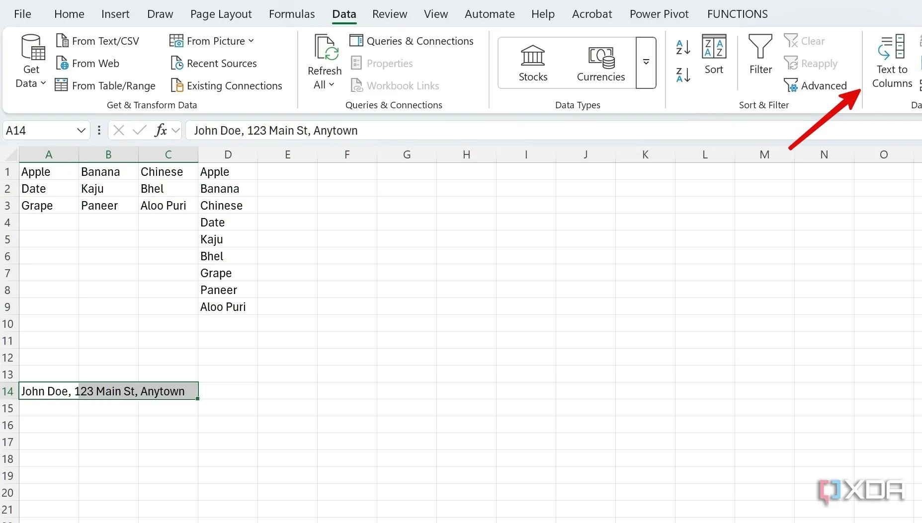 Giao diện tùy chọn &quot;Text to Columns&quot; trên thanh công cụ Data của Excel