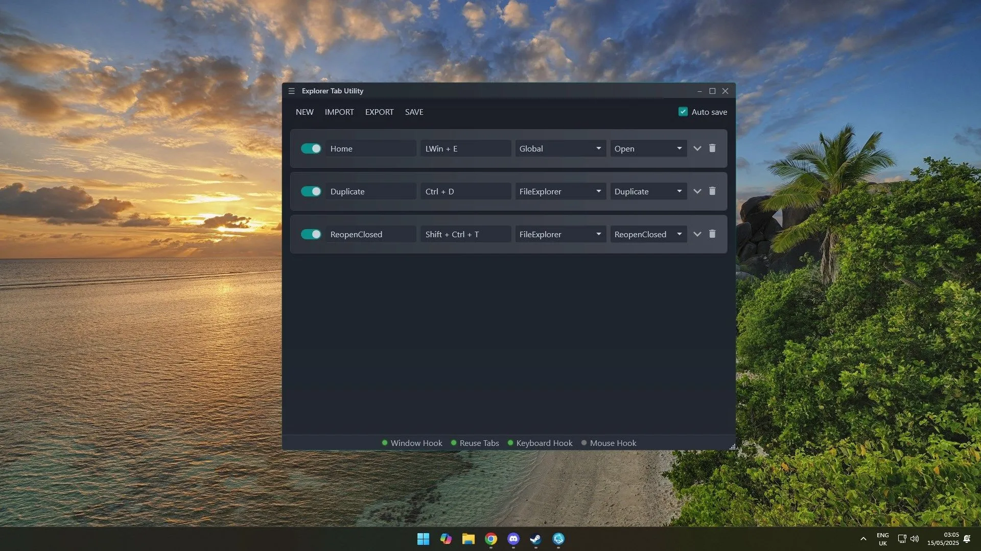 Giao diện ứng dụng Explorer Tab Utility với các phím tắt mặc định