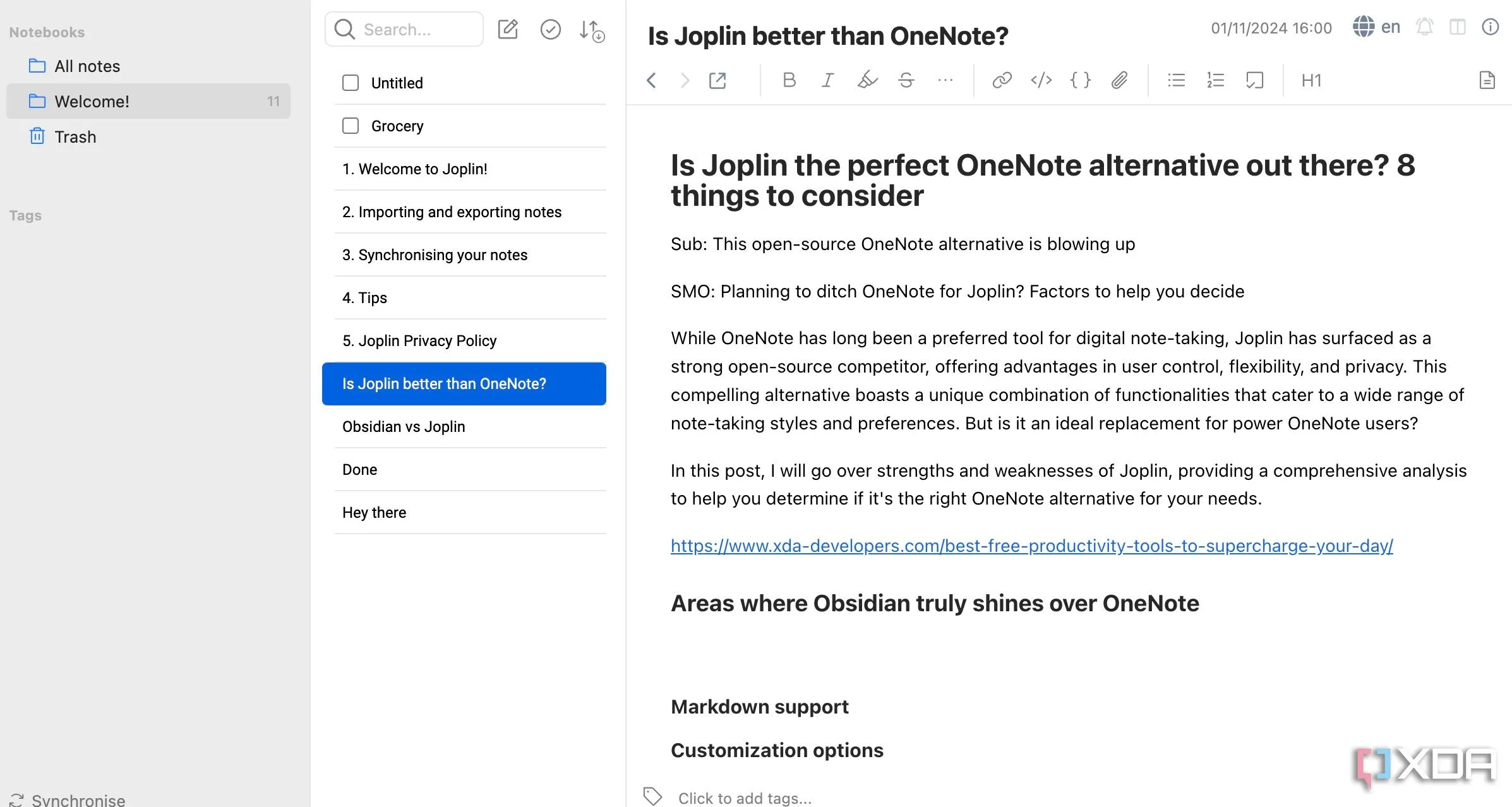 Giao diện ứng dụng Joplin trên macOS