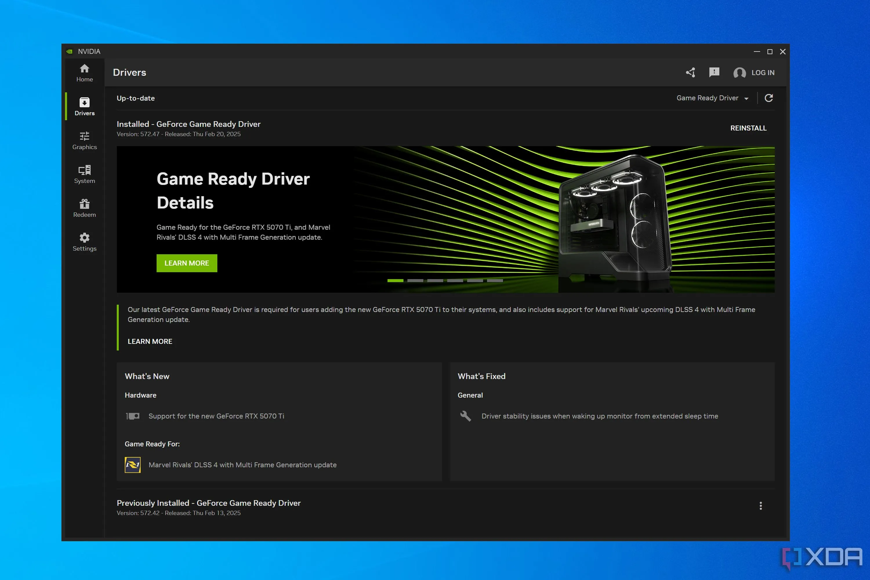 Giao diện ứng dụng Nvidia hiển thị trang quản lý driver, minh họa tầm quan trọng của driver ổn định